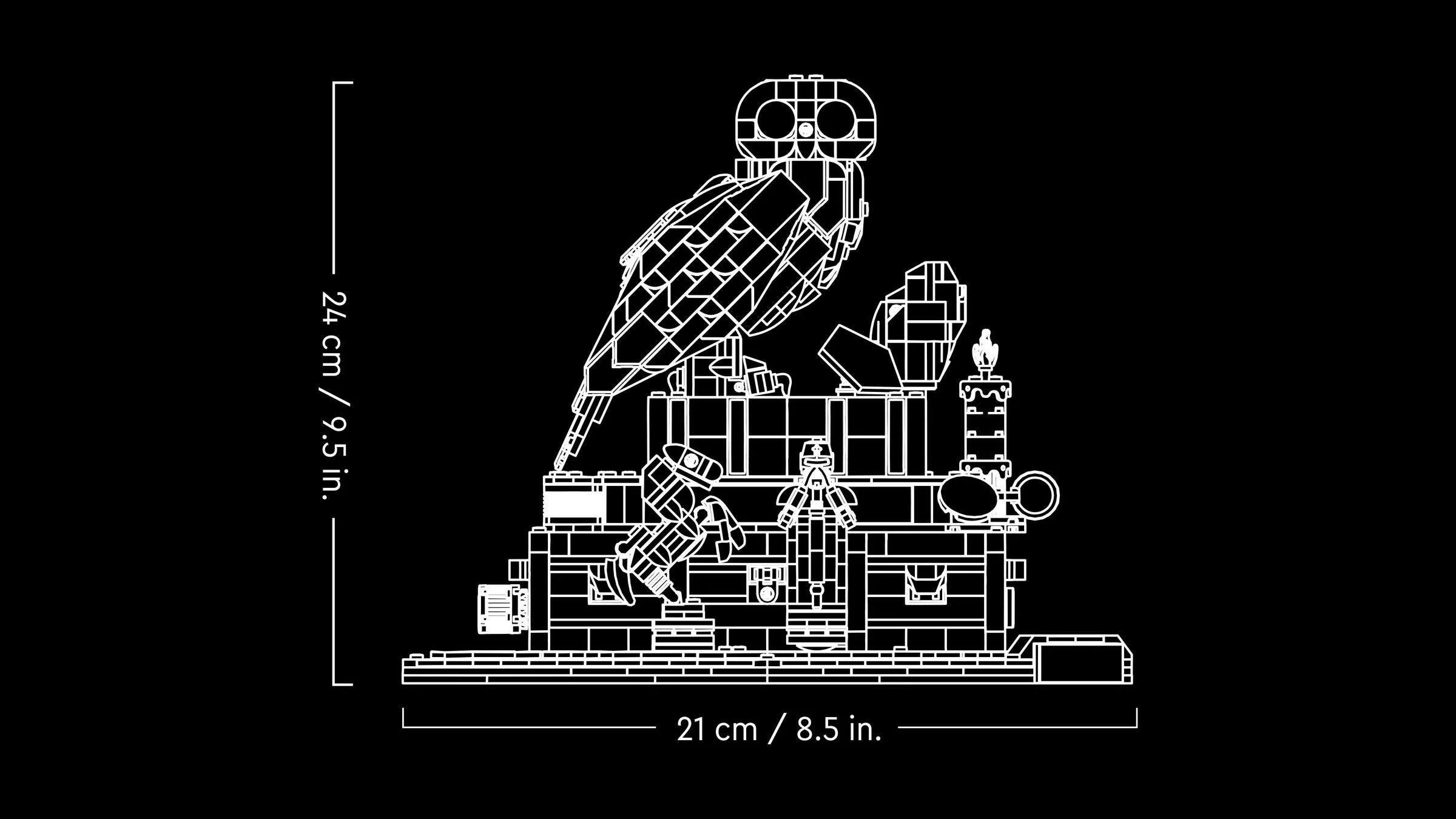 Dimensiunile modelului LEGO: 24 cm înălțime, 21 cm lățime. Schiță tehnică.