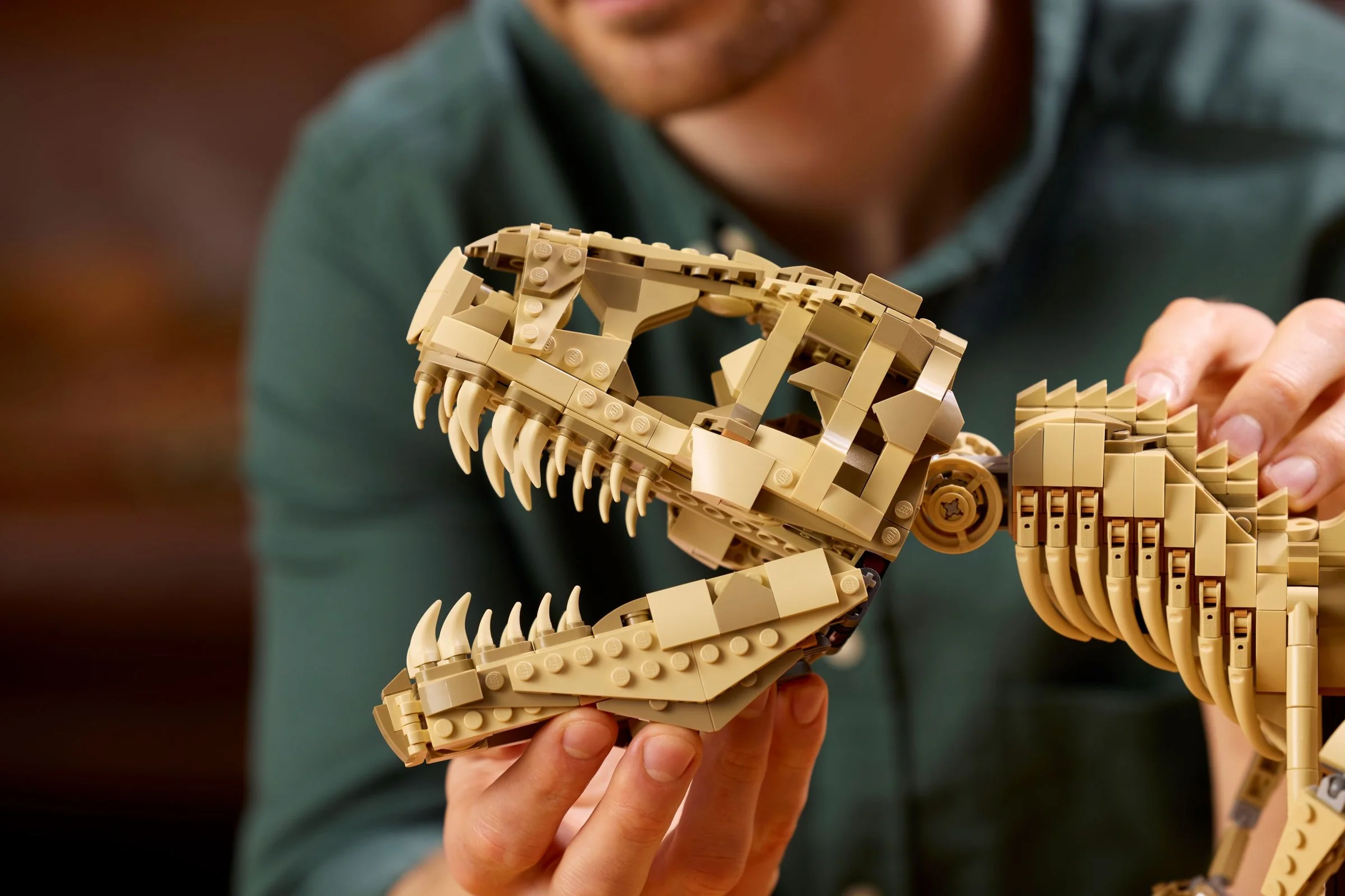 Prim-plan cu maxilarul unui T-Rex construit din LEGO, ținut de o persoană.