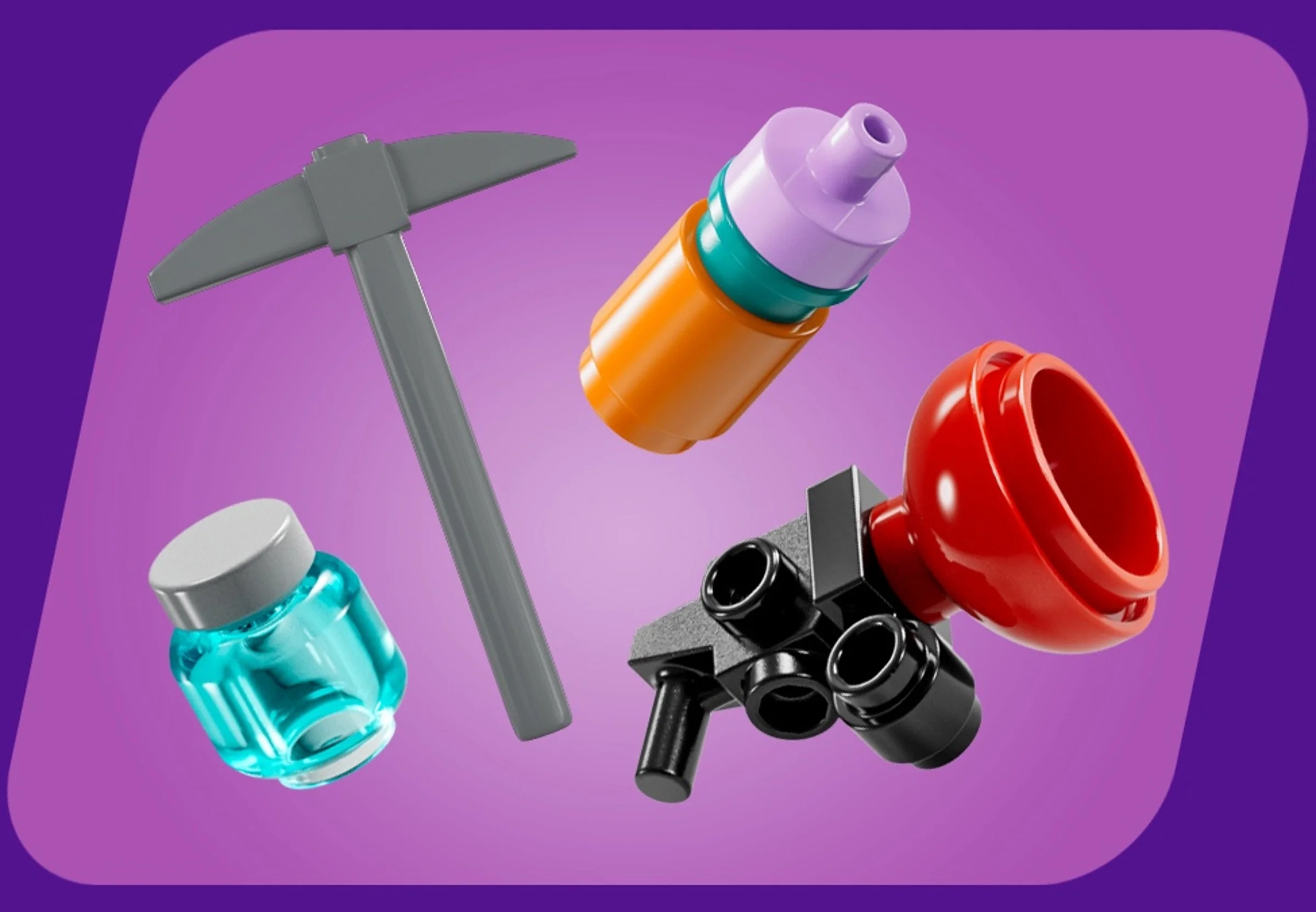 Imagine detaliată cu un târnăcop, o băutură, o poțiune și o armă LEGO Fortnite.