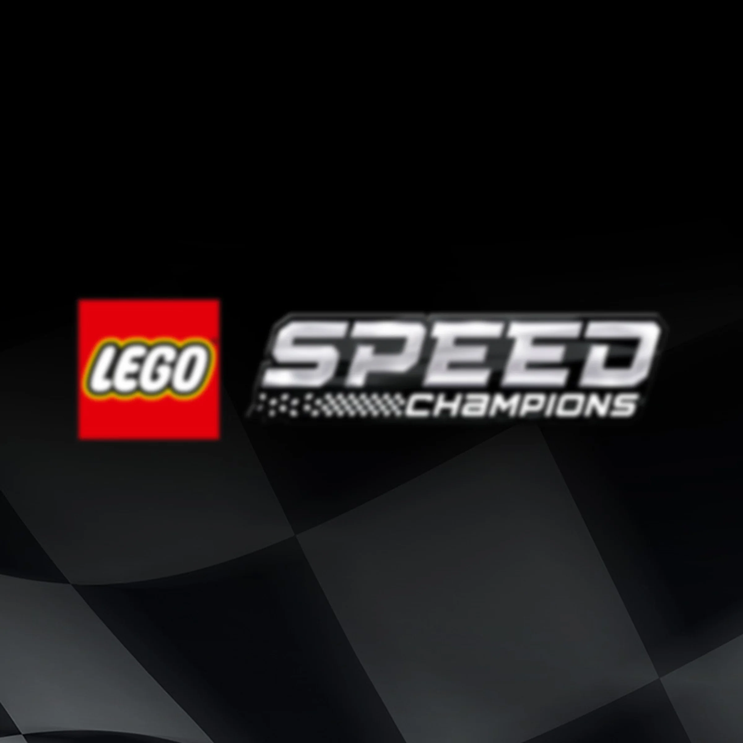 Logo-ul LEGO Speed Champions pe un fundal negru cu model în carouri. 