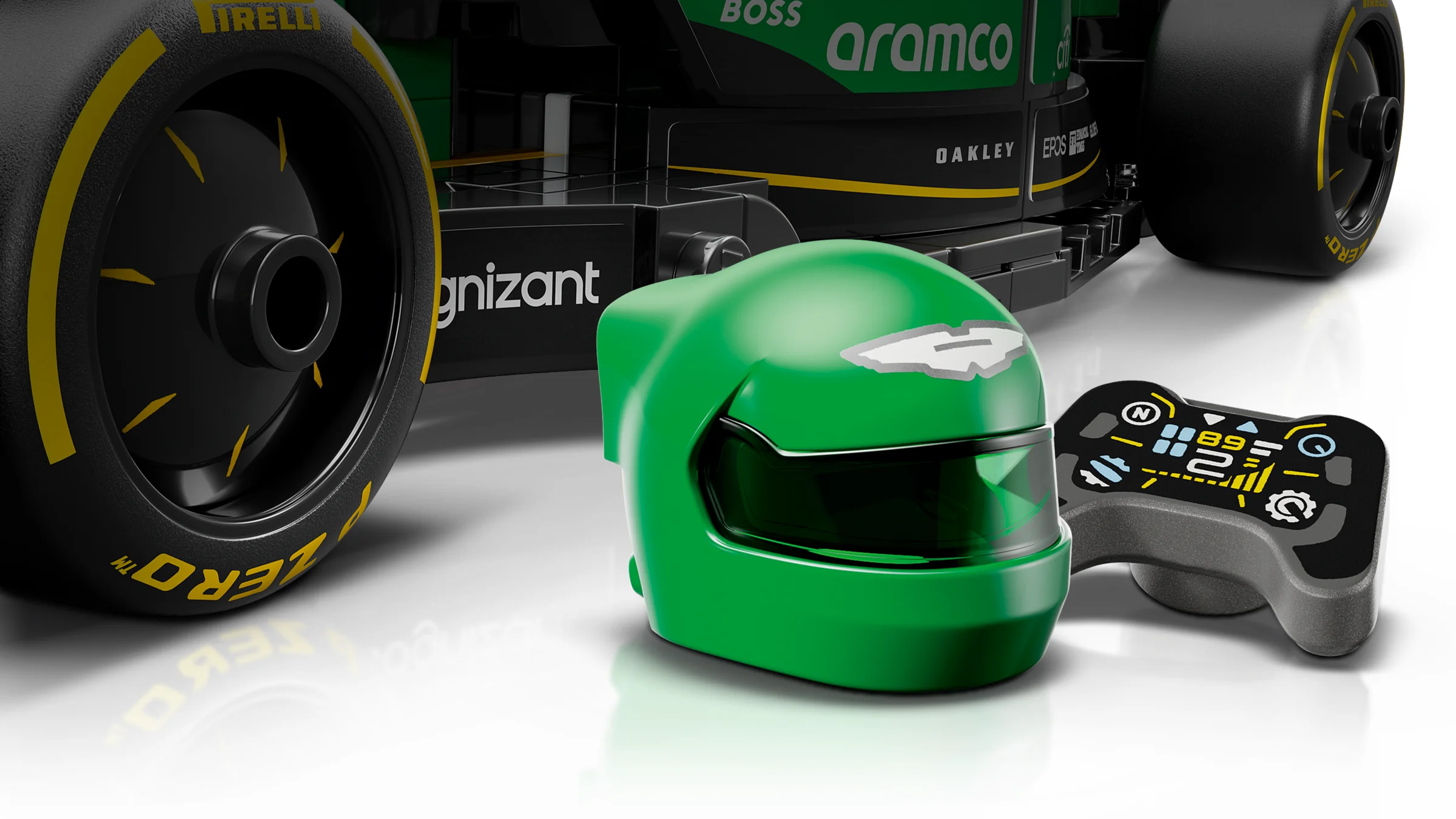 Casca verde și volanul Aston Martin F1, cu detalii precise, capturate îndeaproape.