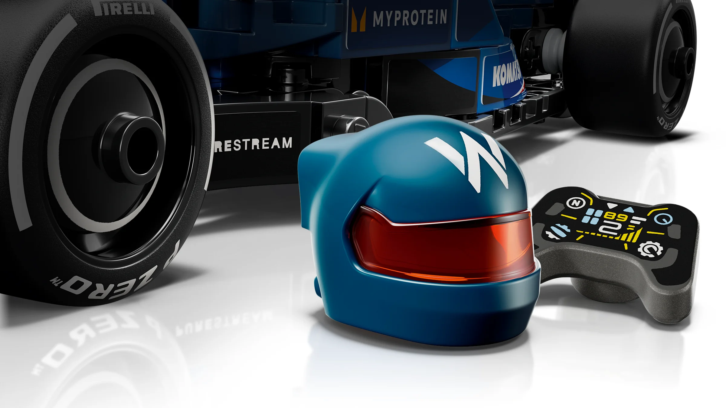 Detalii ale mașinii Williams Racing FW46: cască, volan și pneu. Aspect realist.