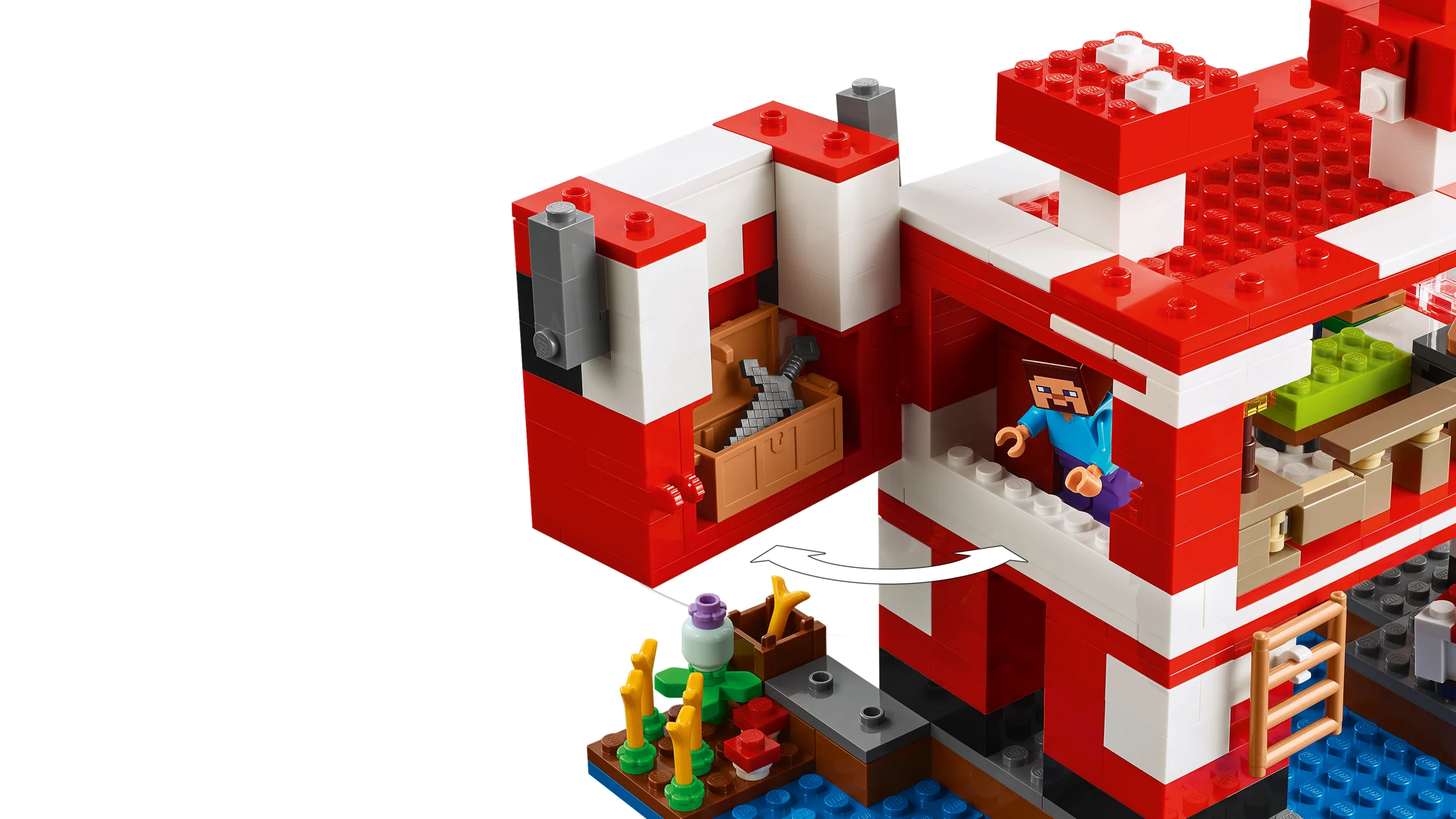 Casă ciupercă Minecraft cu detalii, incluzând minifigurina Steve și o zonă agricolă.