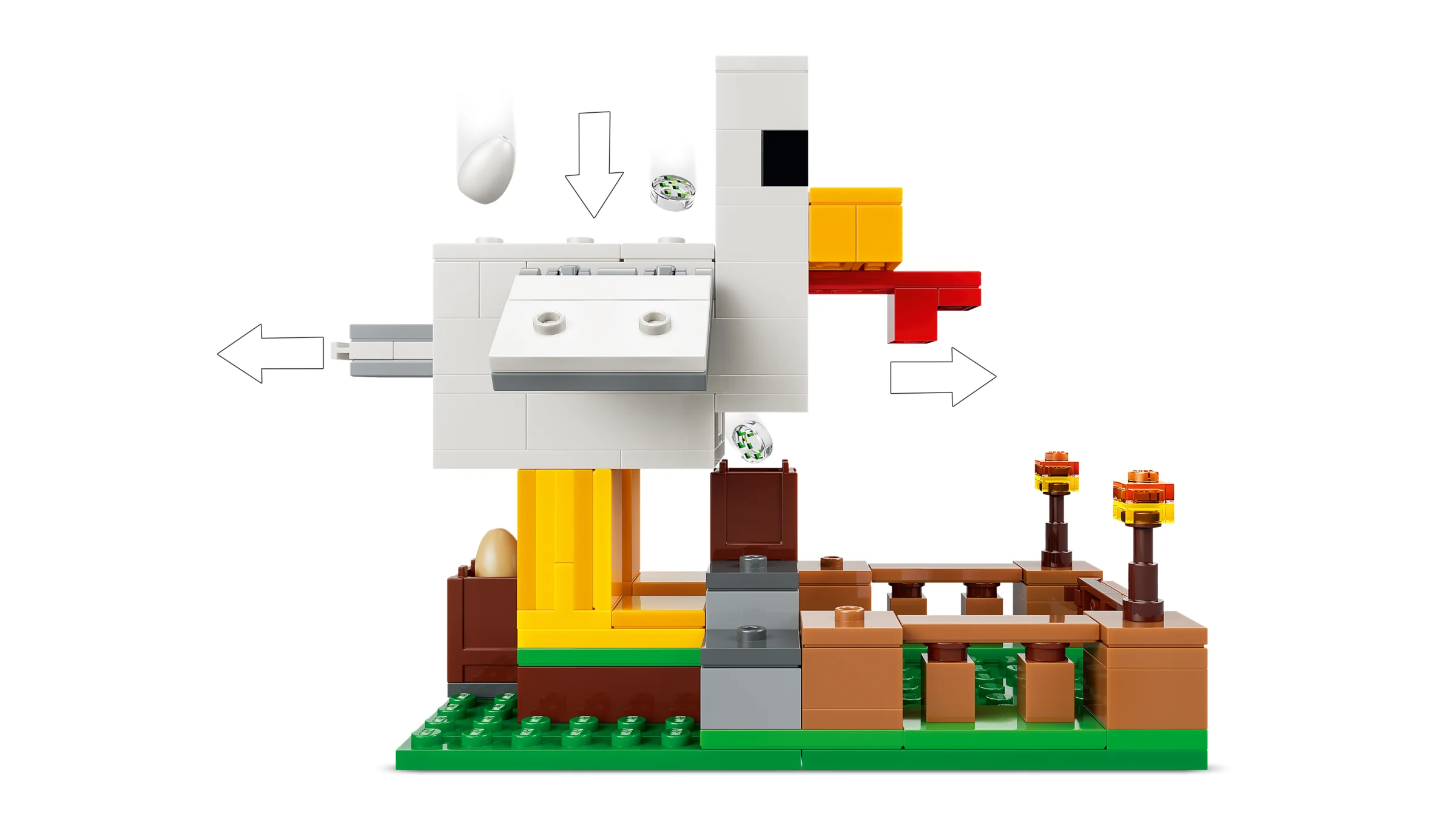 Ilustrație cu o fermă de găini Minecraft Lego, detaliind caracteristicile interactive.