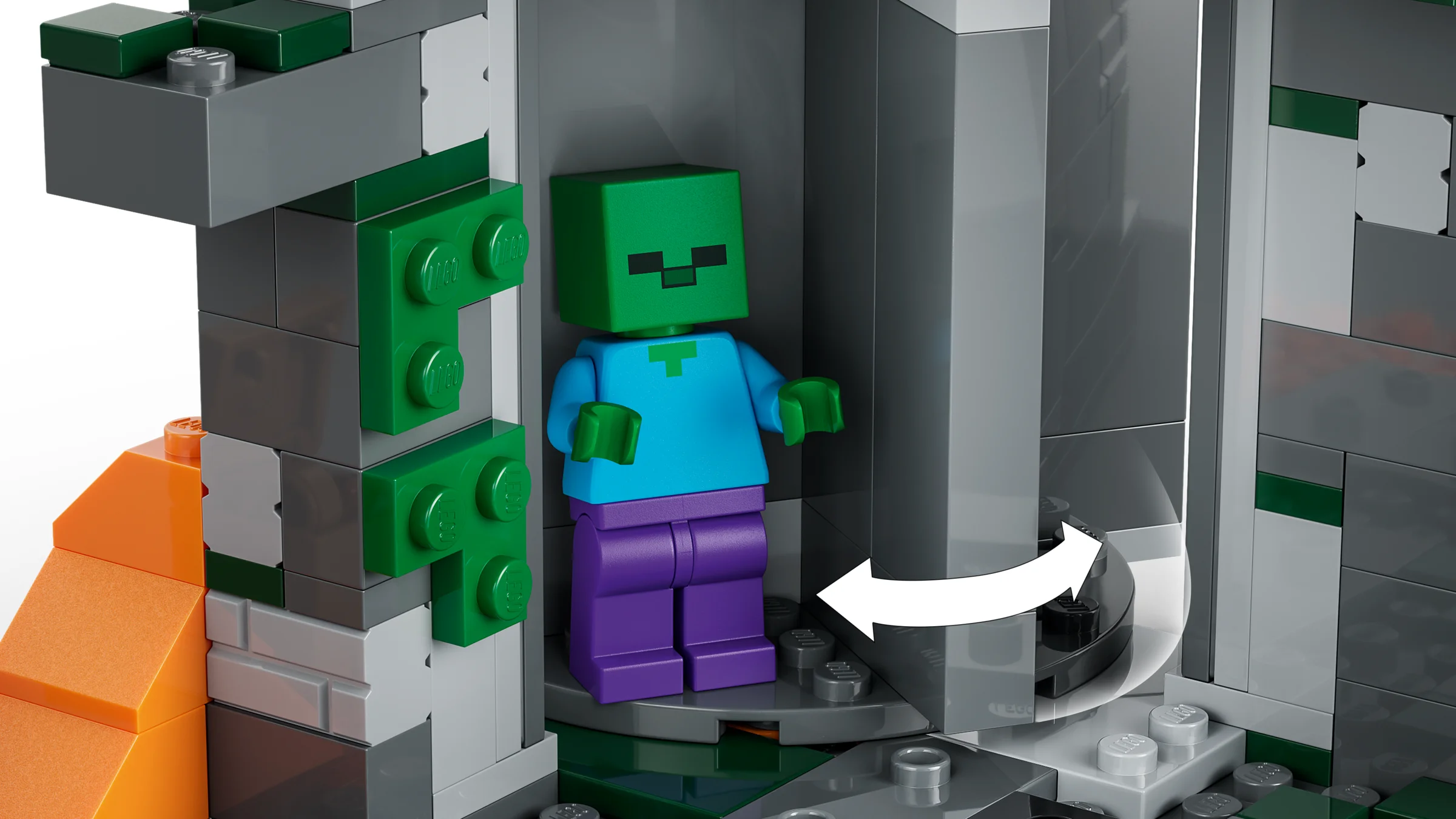 Zombie în celula rotativă a temniței. O caracteristică specială a setului LEGO Minecraft.