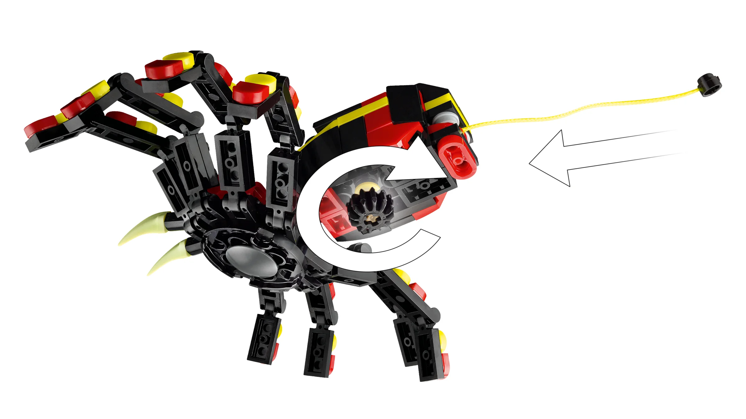 Imagine cu păianjenul Surprinzător LEGO 31159, detaliind mecanismul de lansare al pânzei.