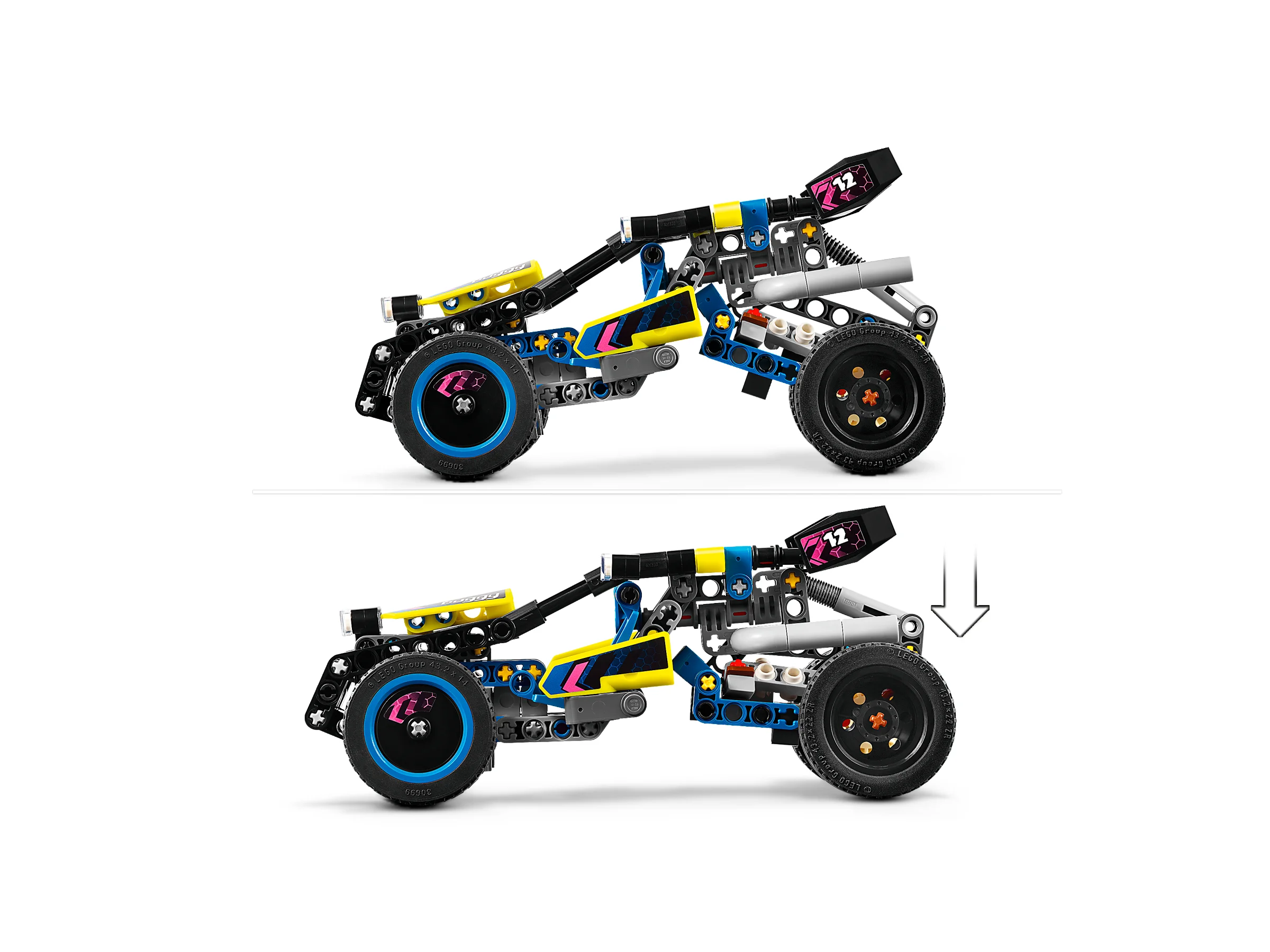 Demonstrație a suspensiei buggy-ului off-road. Se observă sistemul de amortizare flexibil.