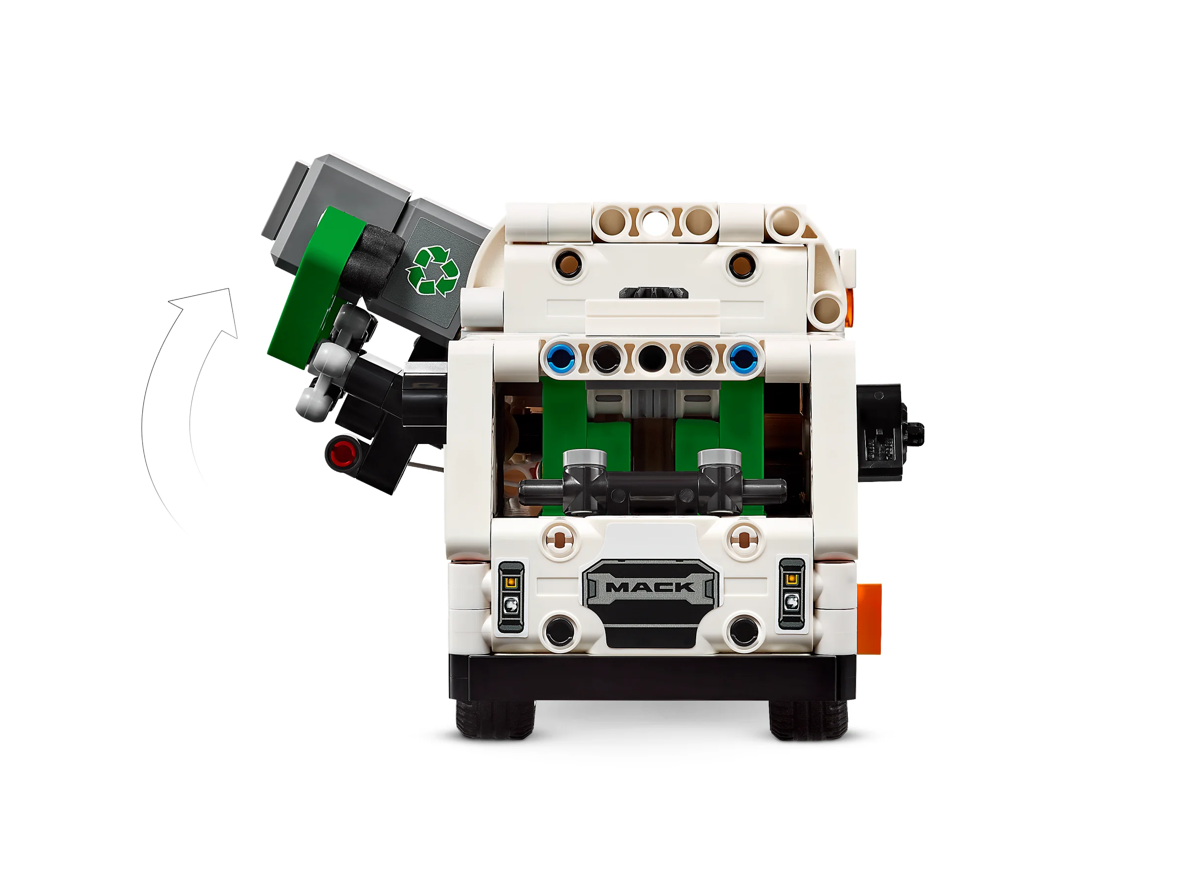 Camionul de gunoi Mack LR Electric ridicând coșul. Funcționalitate detaliată.