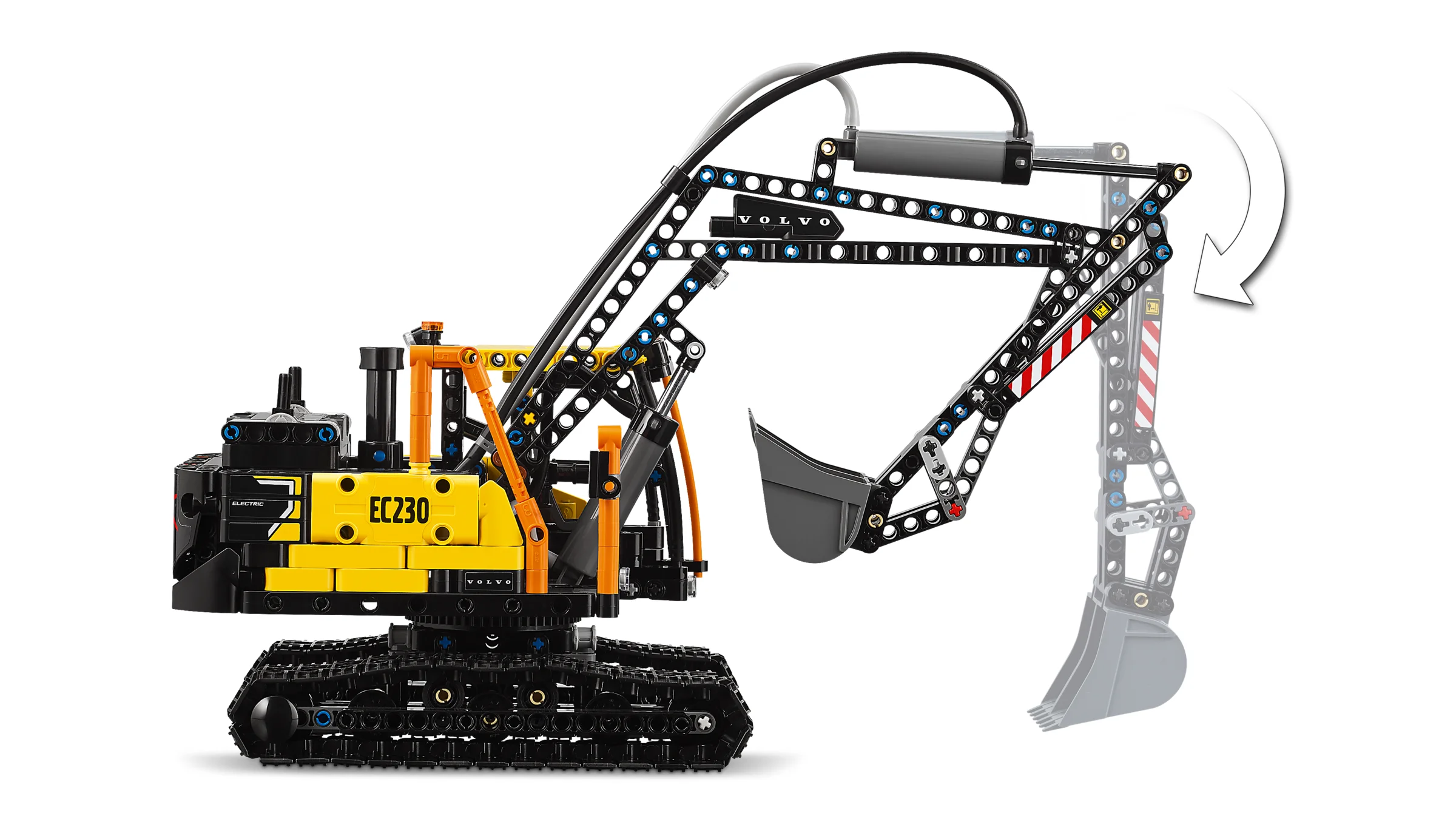 Excavatorul electric Volvo EC230 Technic, cu brațul articulat în mișcare. Detaliu al funcțiilor modelului.