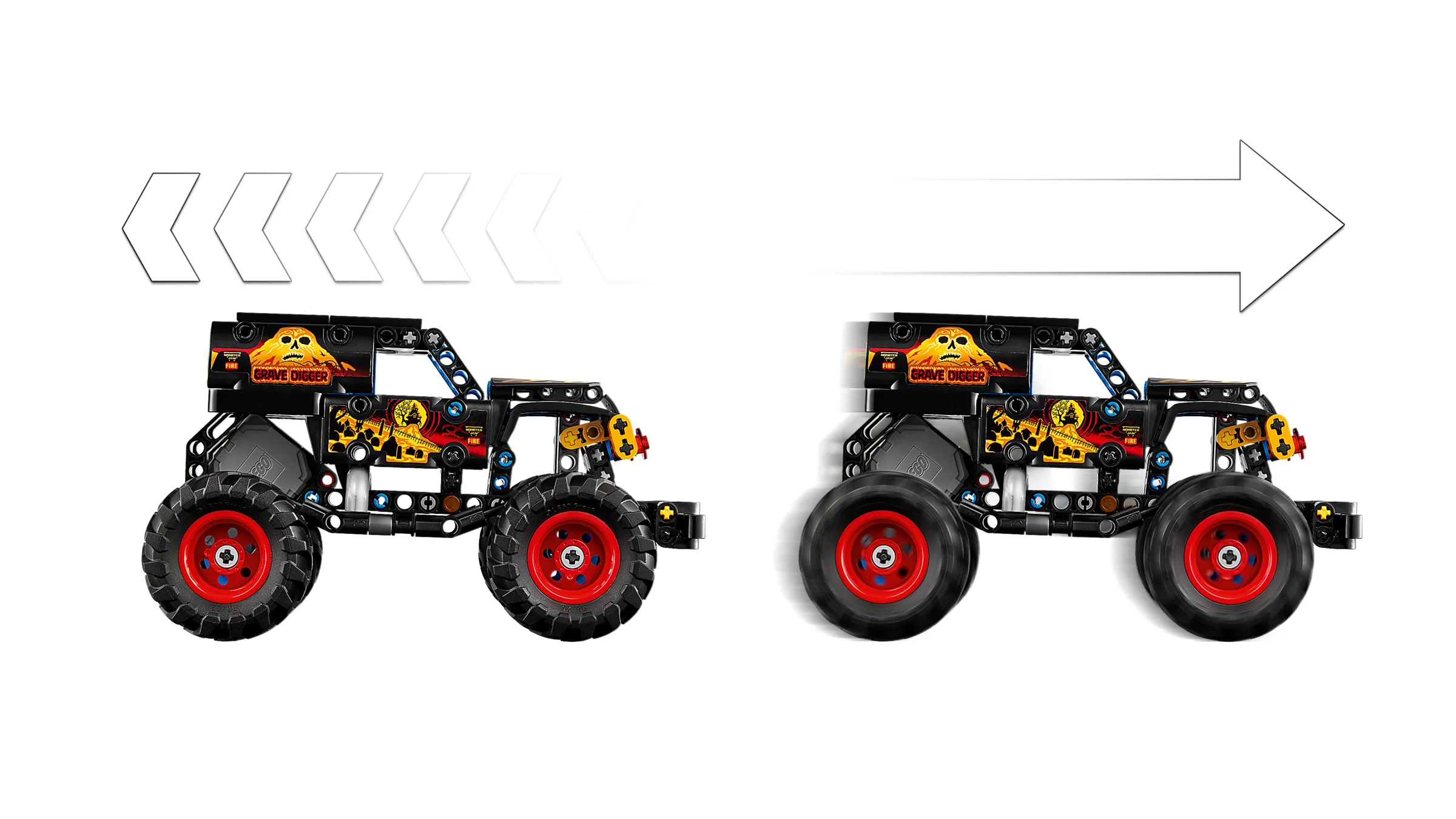 Ilustrație care arată direcția de tragere a mașinii Monster Jam Grave Digger.