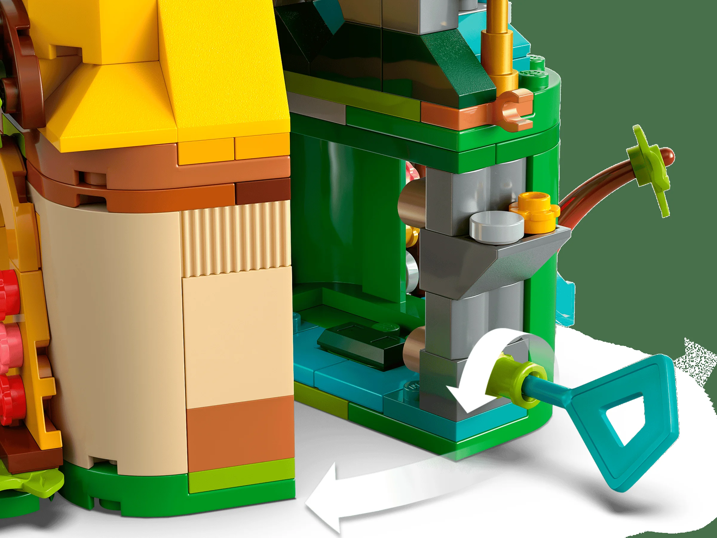 Imagine detaliată a unei funcții interactive a setului LEGO Moana, cu o pârghie care se rotește.