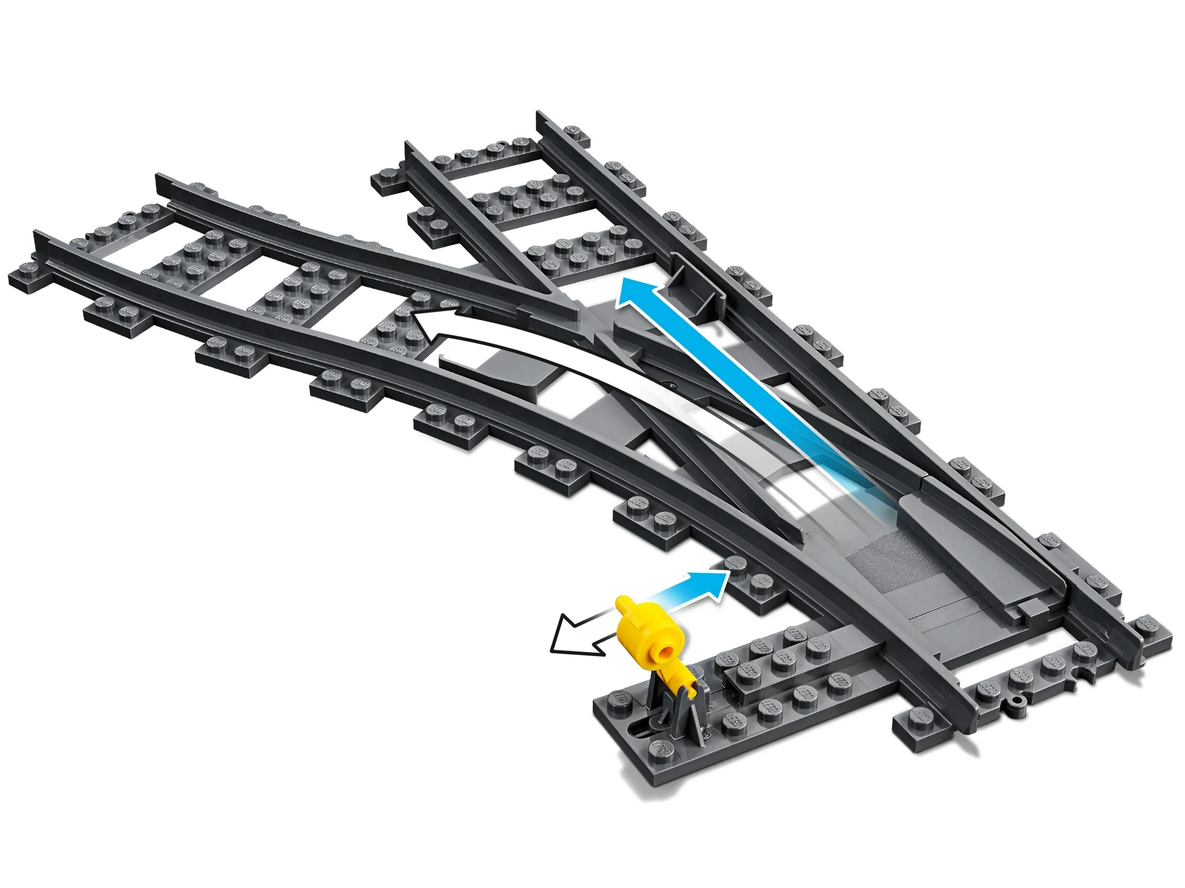 Imagine cu macazul LEGO City 60238, prezentând funcționalitatea acestuia cu săgeți.