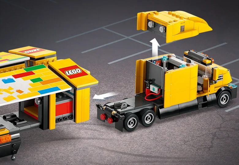 Camion de livrare LEGO cu detalii, ce ilustrează atașarea remorcii și a acoperișului. Distractiv și colorat.
