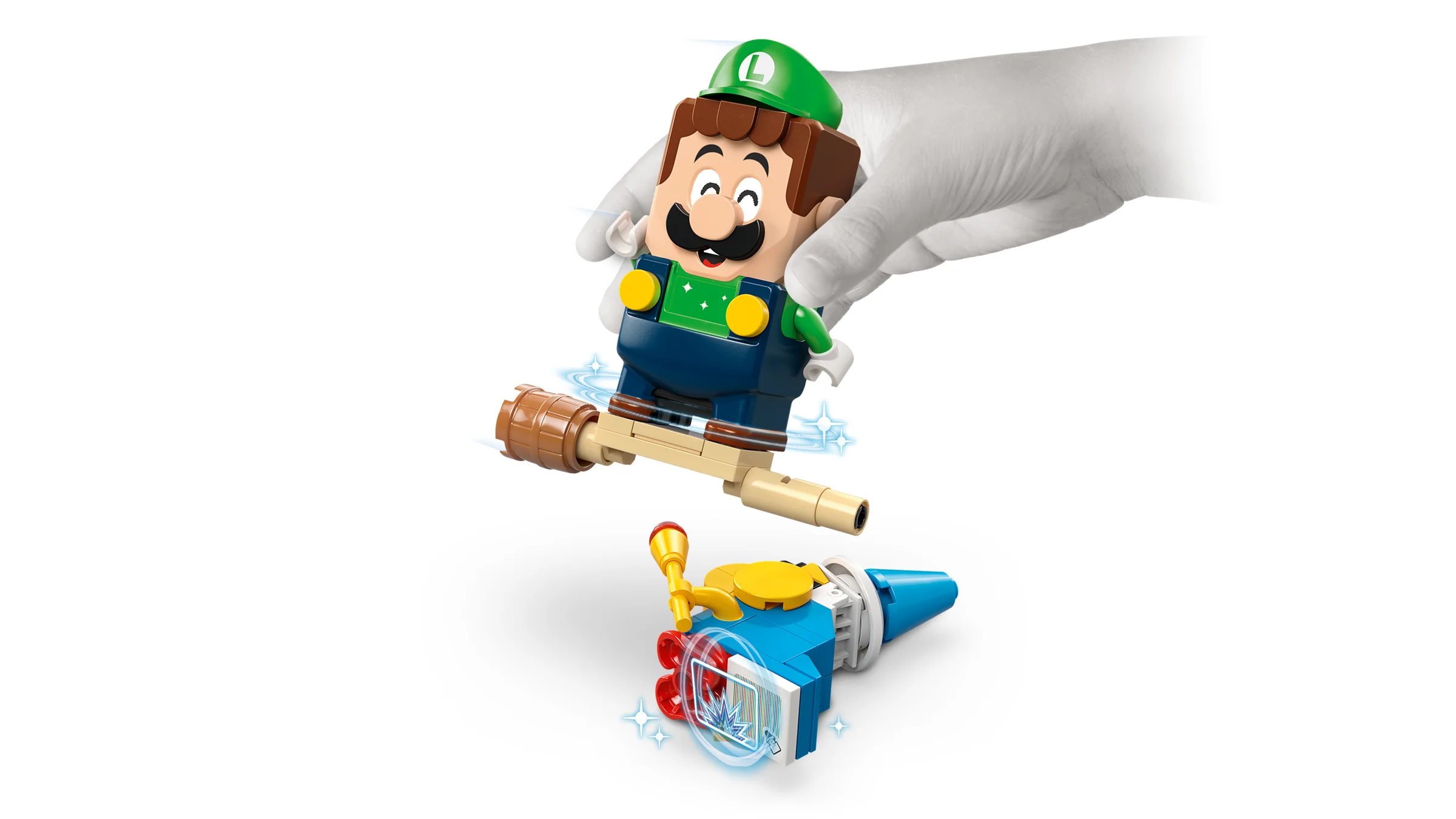 Luigi interactiv zboară pe un suport spre un element din set. Distracție cu LEGO® Super Mario™!