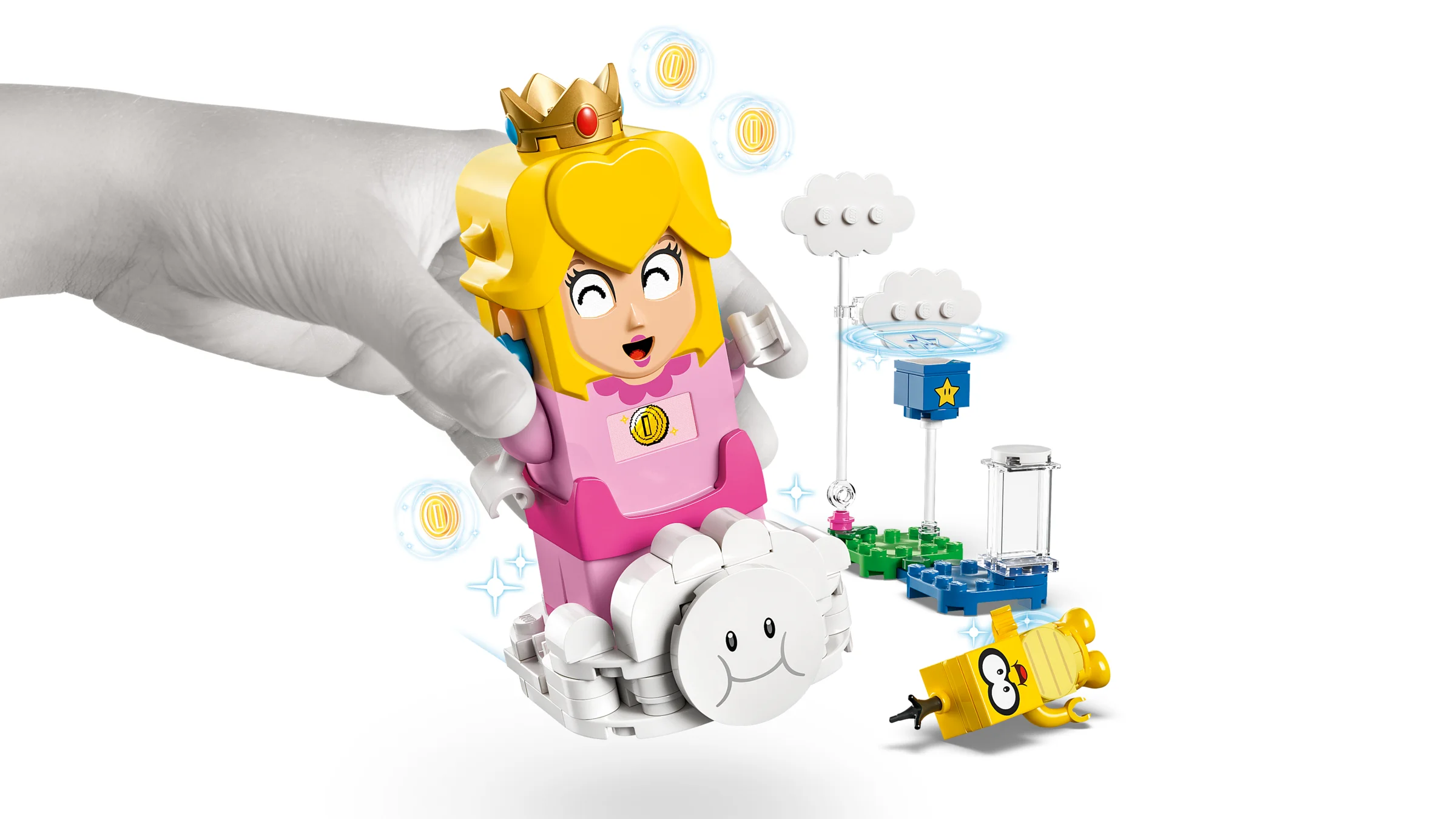 Interacțiune cu Peach LEGO interactivă, cu efecte speciale și diverse elemente construibile.