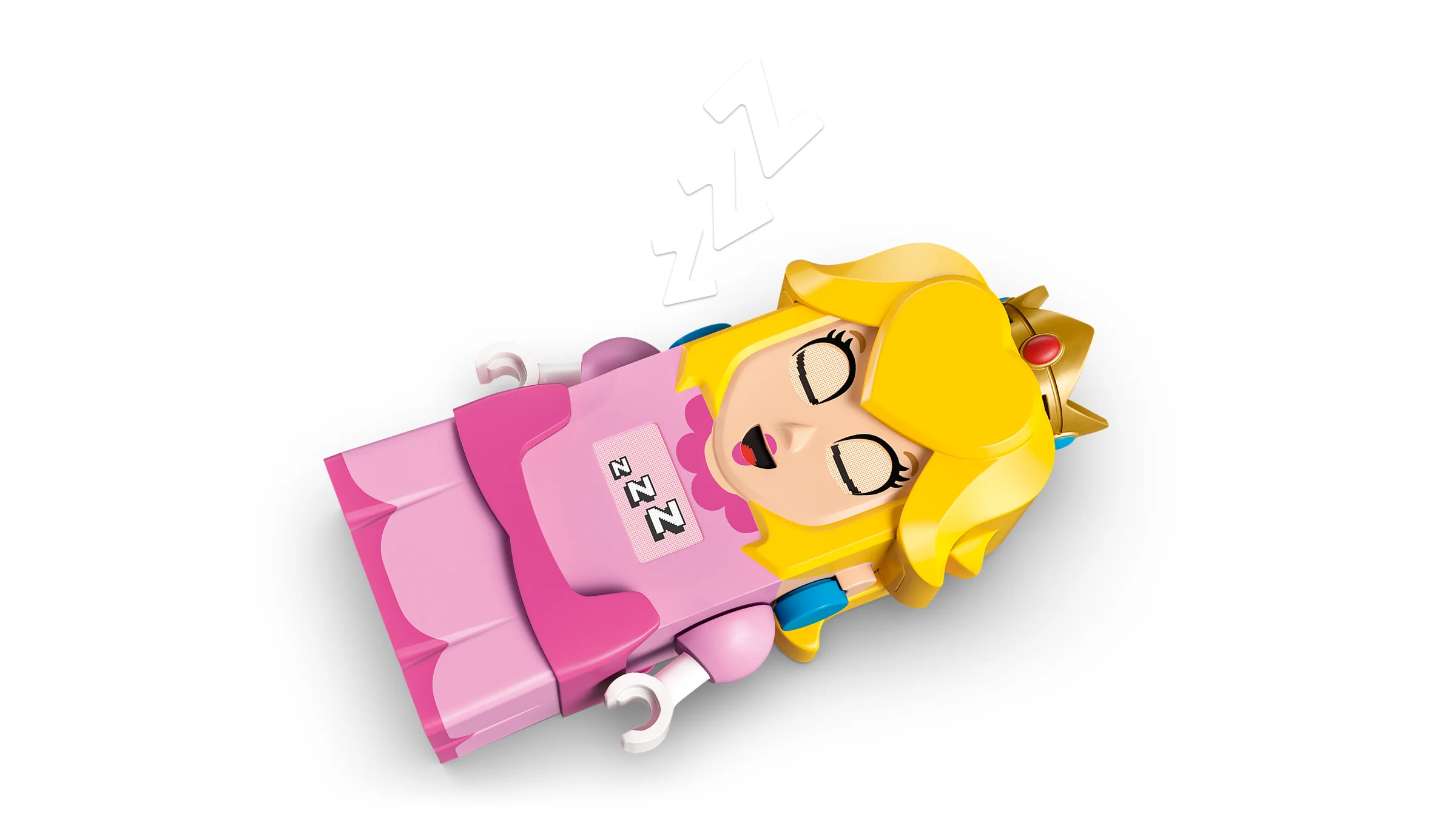 Prințesa Peach LEGO doarme, ilustrând o funcție distractivă a setului.