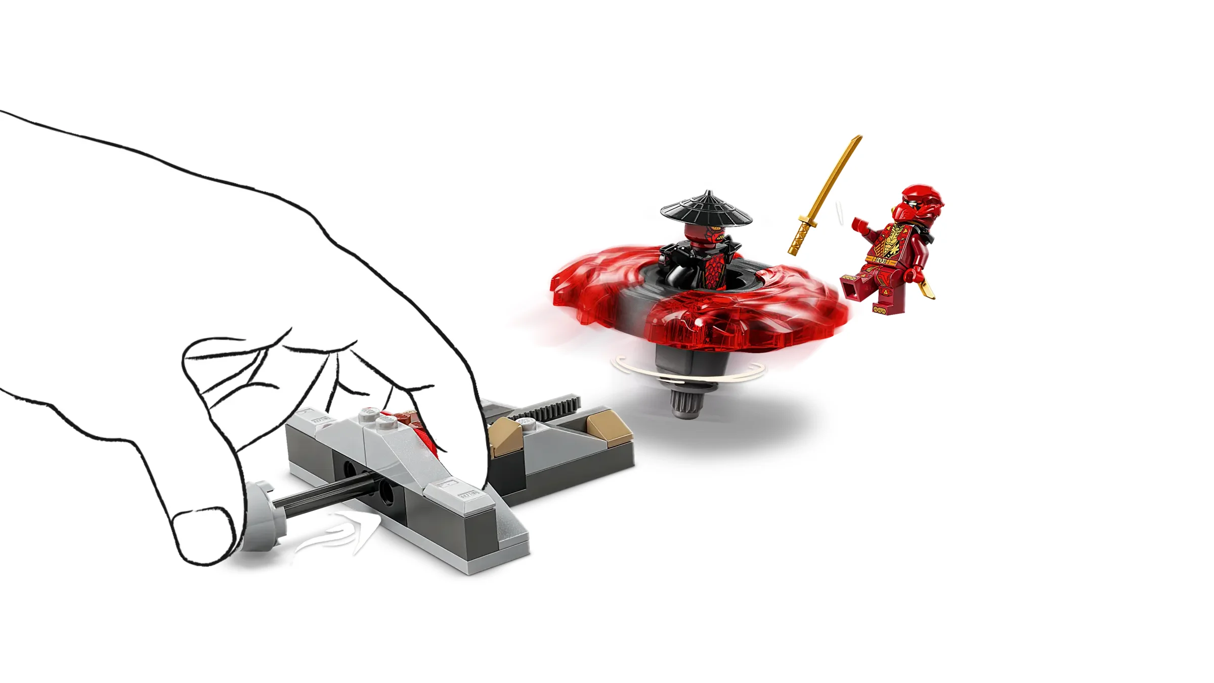 Imagine cu lansatorul, spinner-ul și minifigurinele setului LEGO Ninjago 71836.