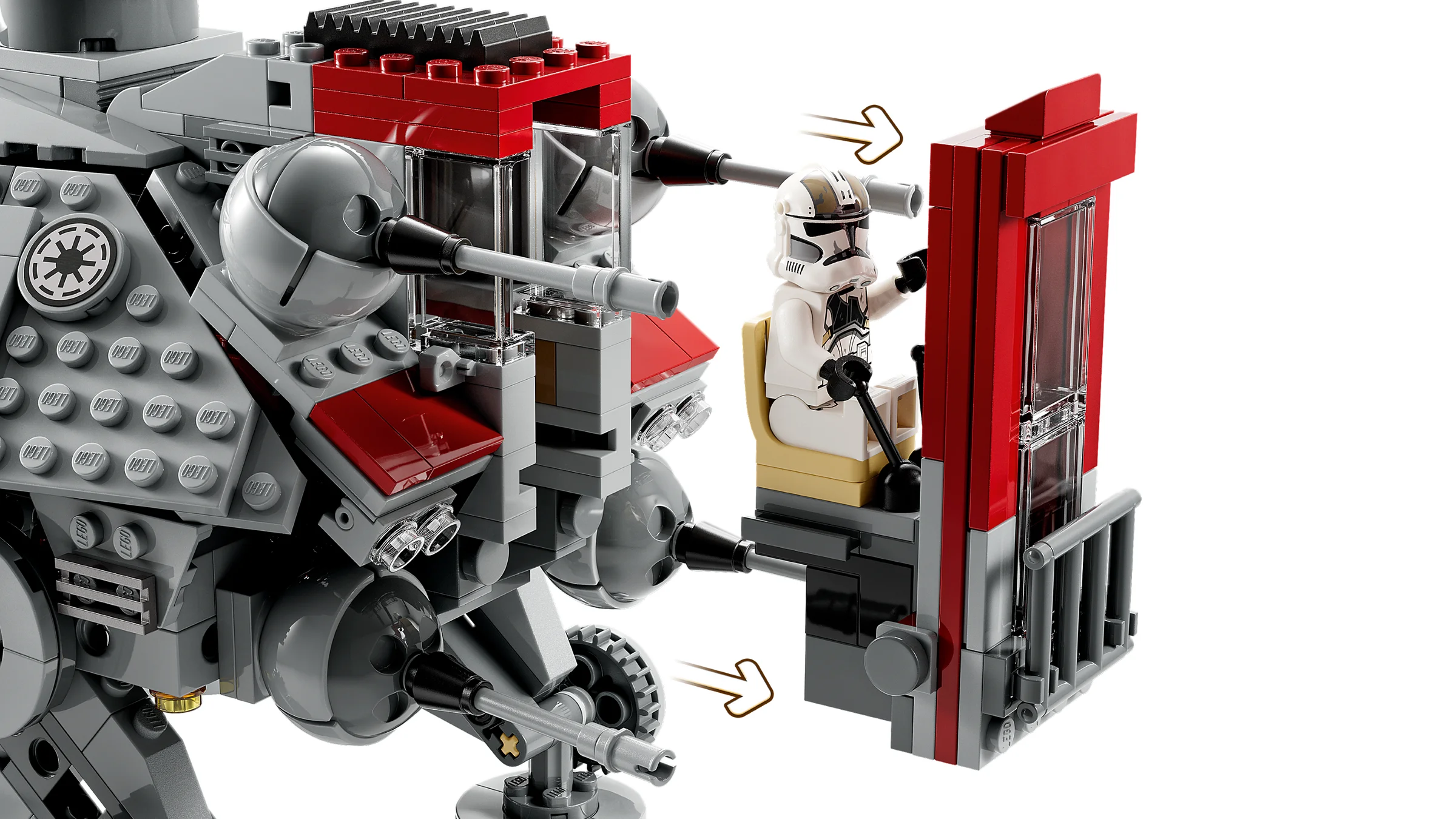 AT-TE Walker LEGO Star Wars cu secțiune glisantă și minifigurină Clone Trooper. Funcționalitate detaliată.