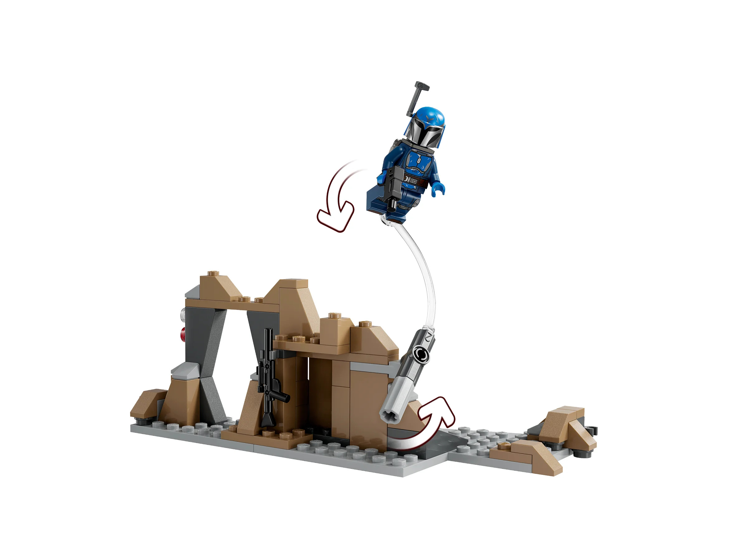 Acțiune LEGO Star Wars: un Mandalorian sare cu jetpack dintr-un buncăr. Detalii fine ale construcției.