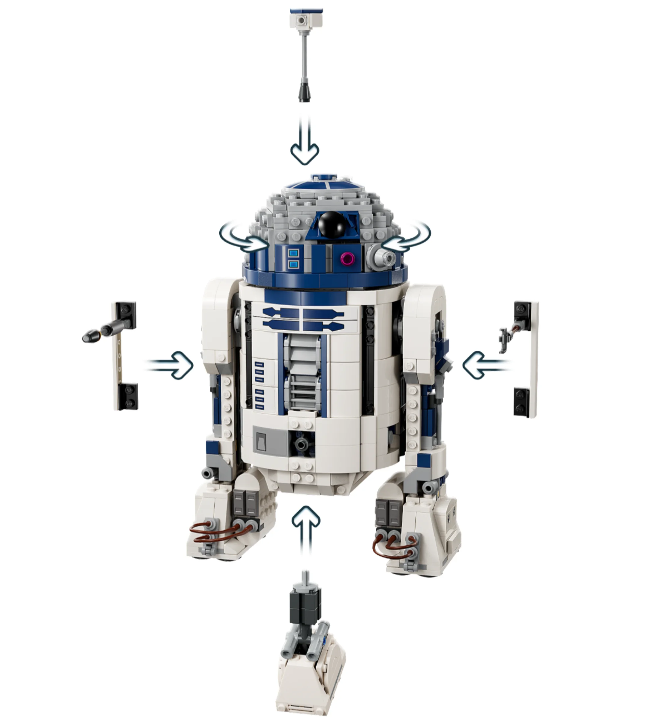 R2-D2 LEGO cu funcții: un picior retractabil, un instrument și periscop detașabile.