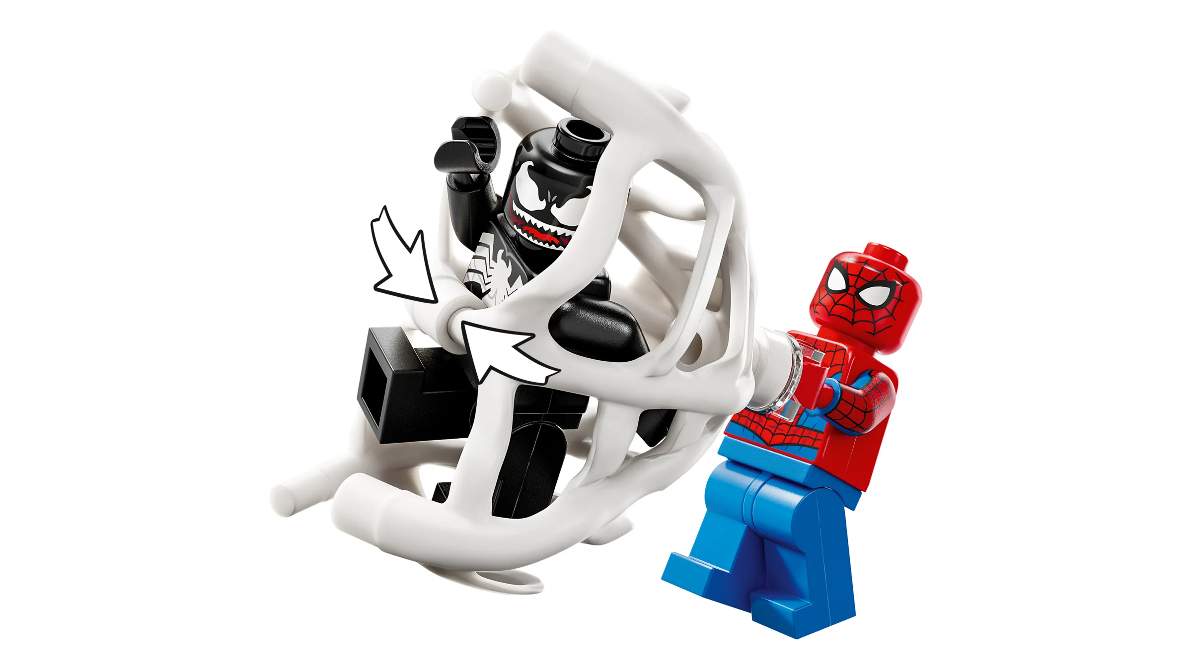 Spiderman încearcă să elibereze Venom din structura albă rotativă. Acțiune LEGO!