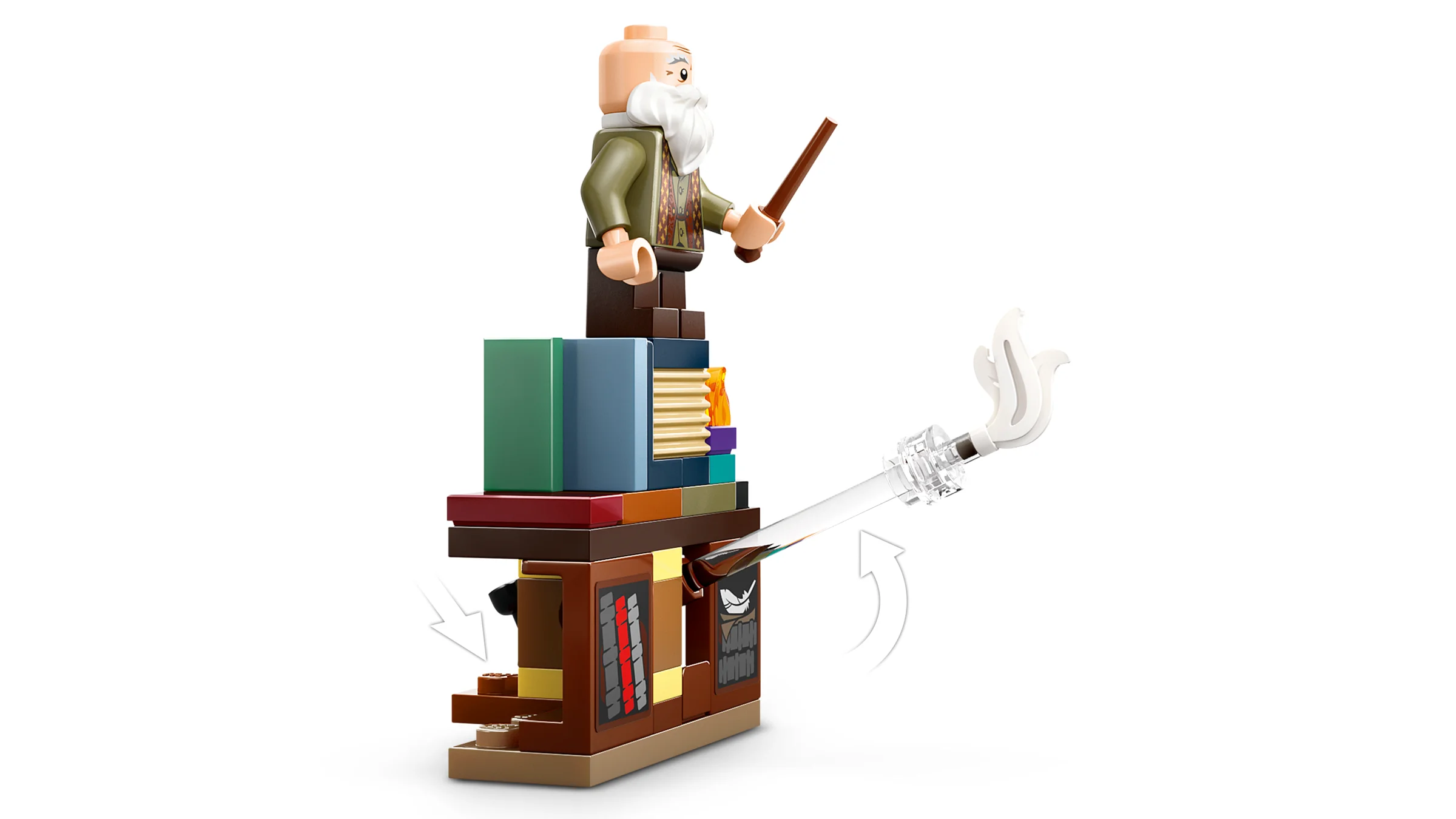 O ilustrație a clasei de farmece LEGO, cu Profesorul Flitwick și o pană levitând.