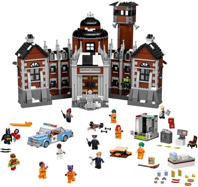 Setul LEGO 70912 Arkham Asylum din filmul The Batman Movie cu numeroase minifigurine incluse.