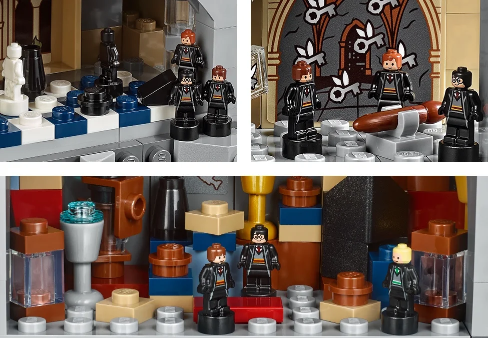 Prim-plan al minifigurinelor Harry Potter și ale unor scene din castelul Hogwarts.