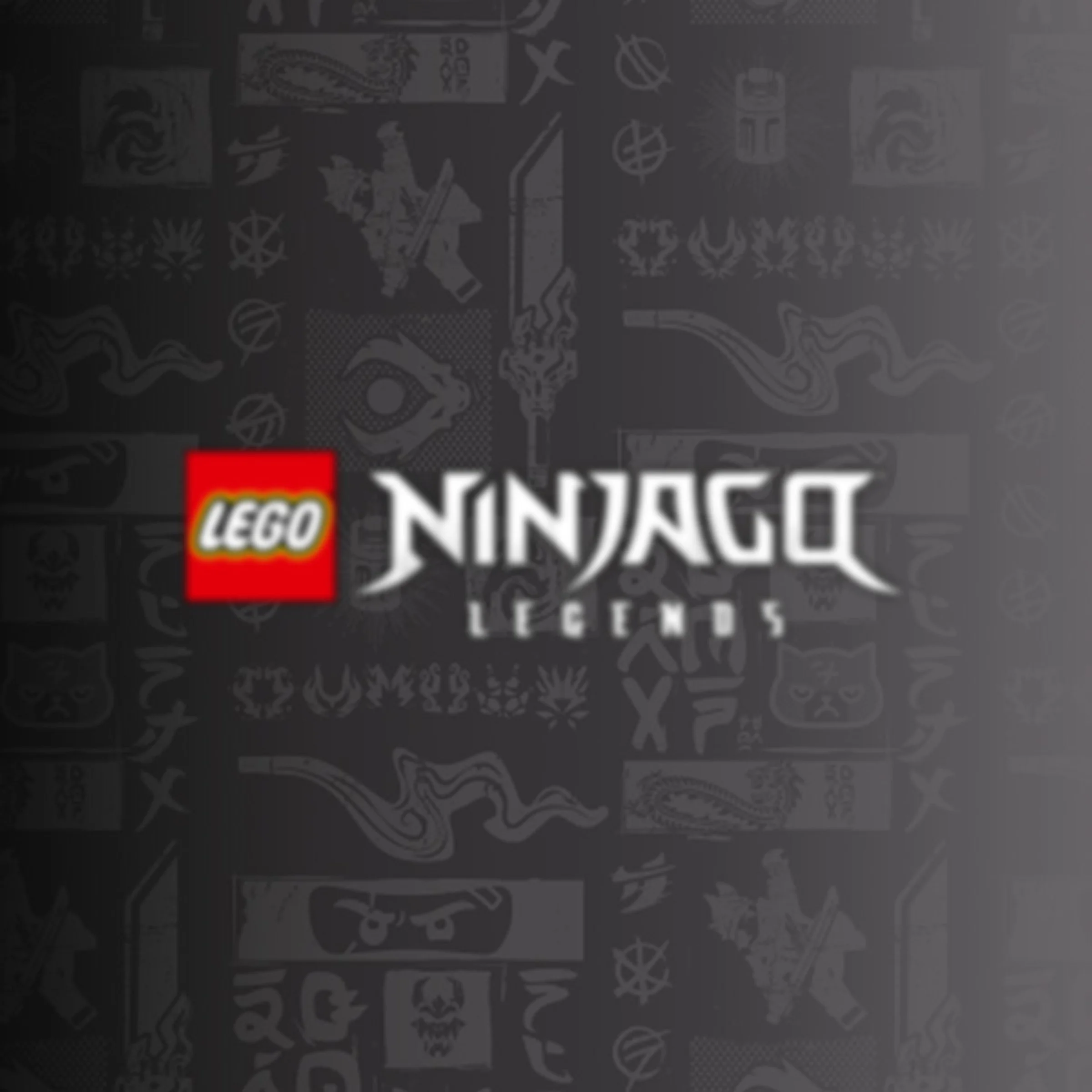 Logo-urile LEGO și Ninjago Legends. Fundal gri cu grafică Ninjago estompată.
