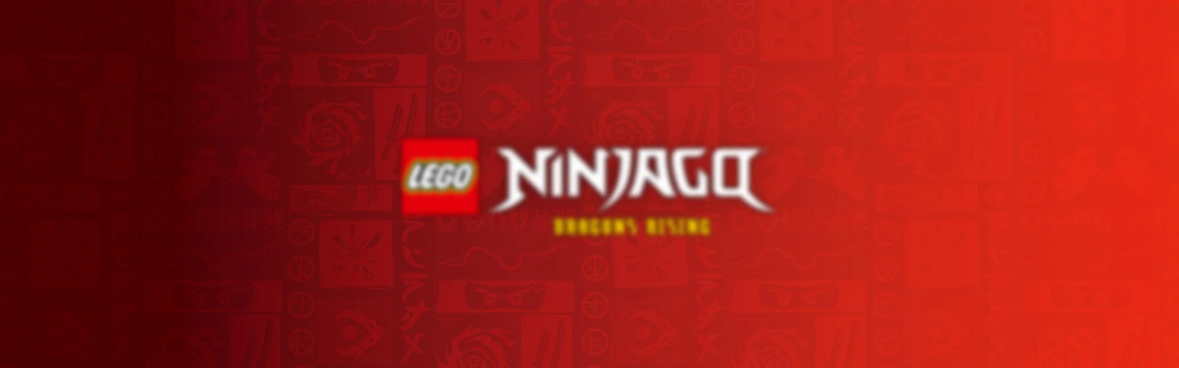 Logo-ul LEGO Ninjago pe un fundal roșu tematic, cu motive ninja subtile.