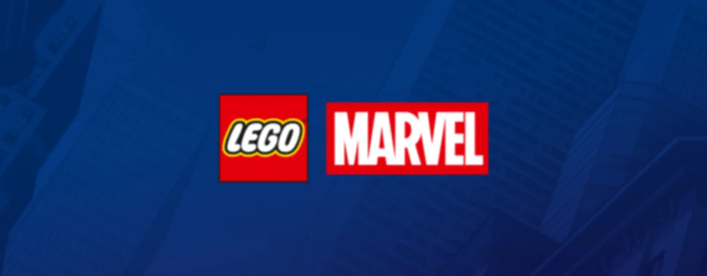 Logo-urile LEGO și Marvel pe fundal albastru cu zgârie-nori estompați.