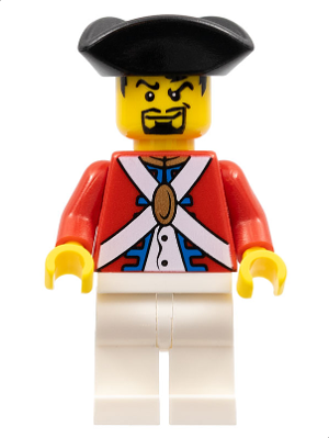 Minifigurina LEGO Pirates pi122, un ofițer rar cu uniformă albastră, epoleți galbeni și pălărie neagră tip bicorn.