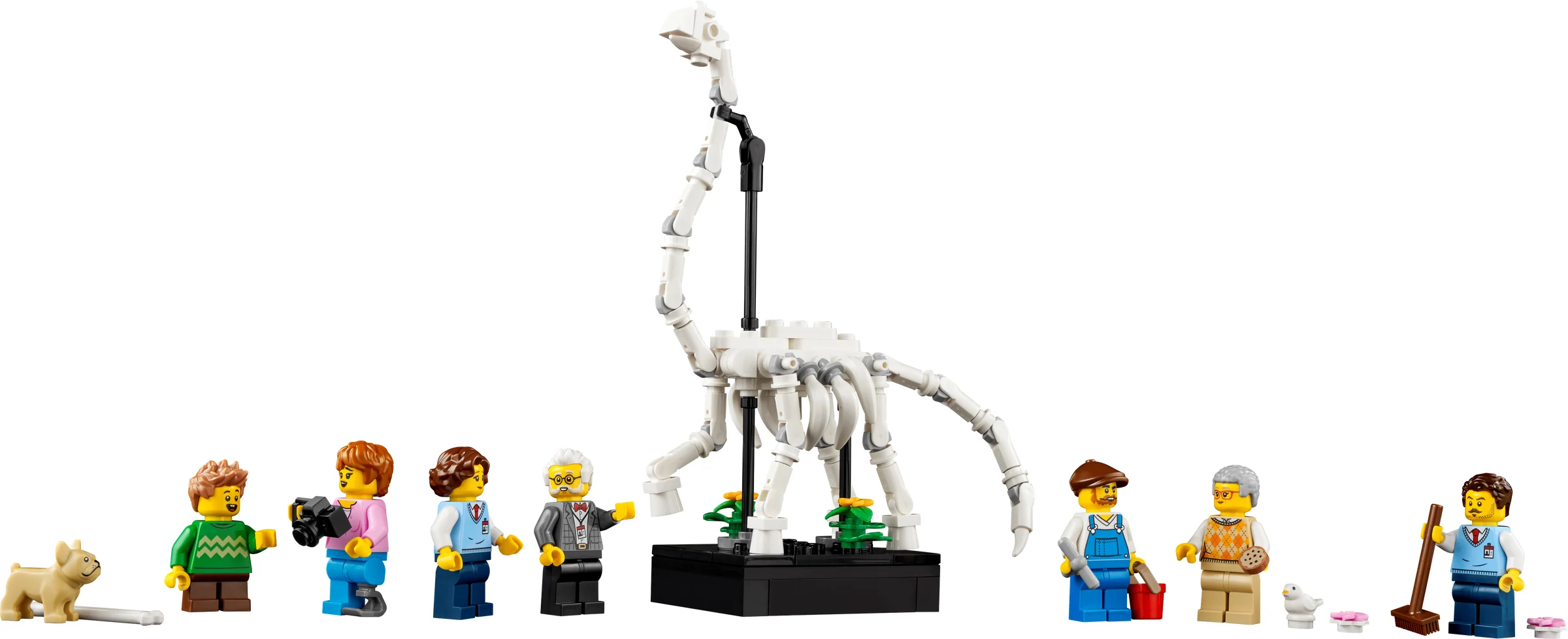 Imagine cu minifigurinele și scheletul de dinozaur din setul Muzeul de Istorie Naturală LEGO.