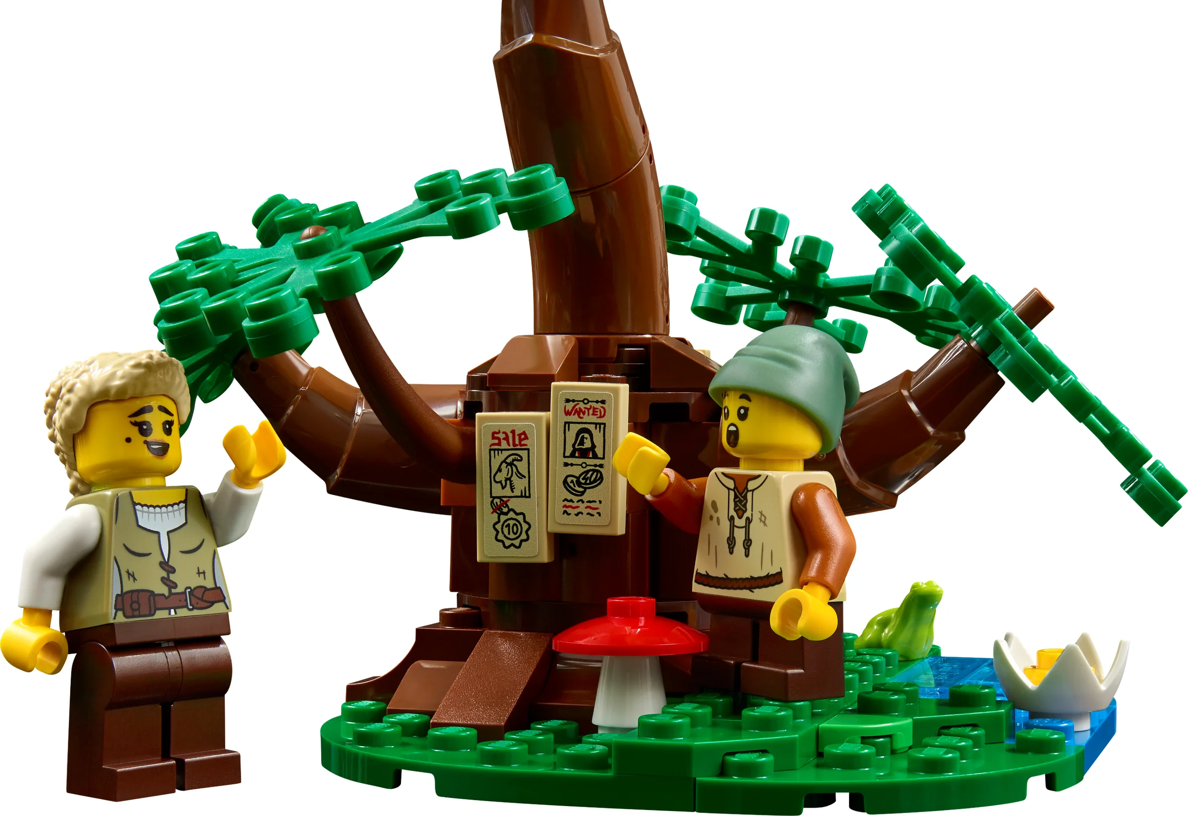 Miniaturi LEGO medievale lângă un copac cu afișe: „De vânzare” și „Căutat”.