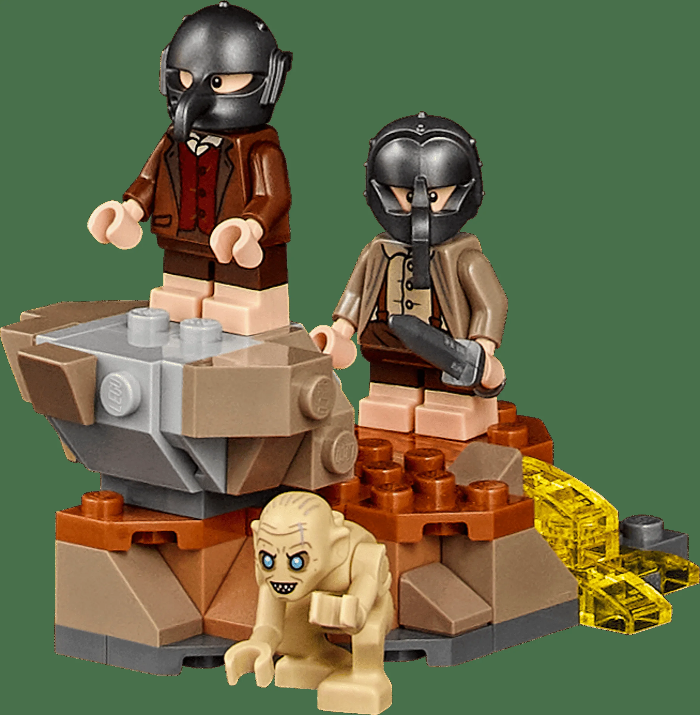 Mini-dioramă LEGO cu Gollum și doi Oameni din Dol Guldur pe o construcție stâncoasă.