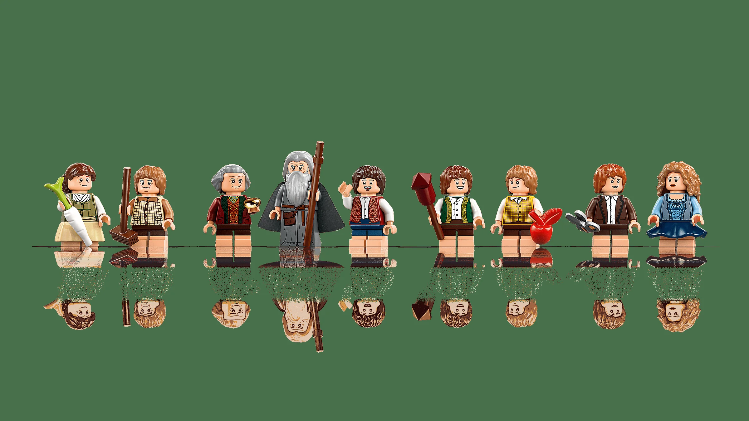 Prezentare detaliată a minifigurinelor LEGO din setul Hobbiton, cu Gandalf și hobbiți.