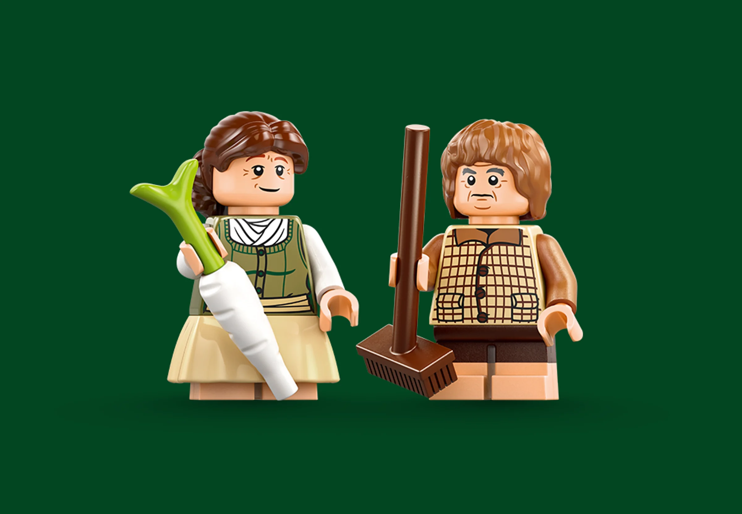 Prim plan cu minifigurinele LEGO Hobbit, cu detalii ale fețelor și hainelor.