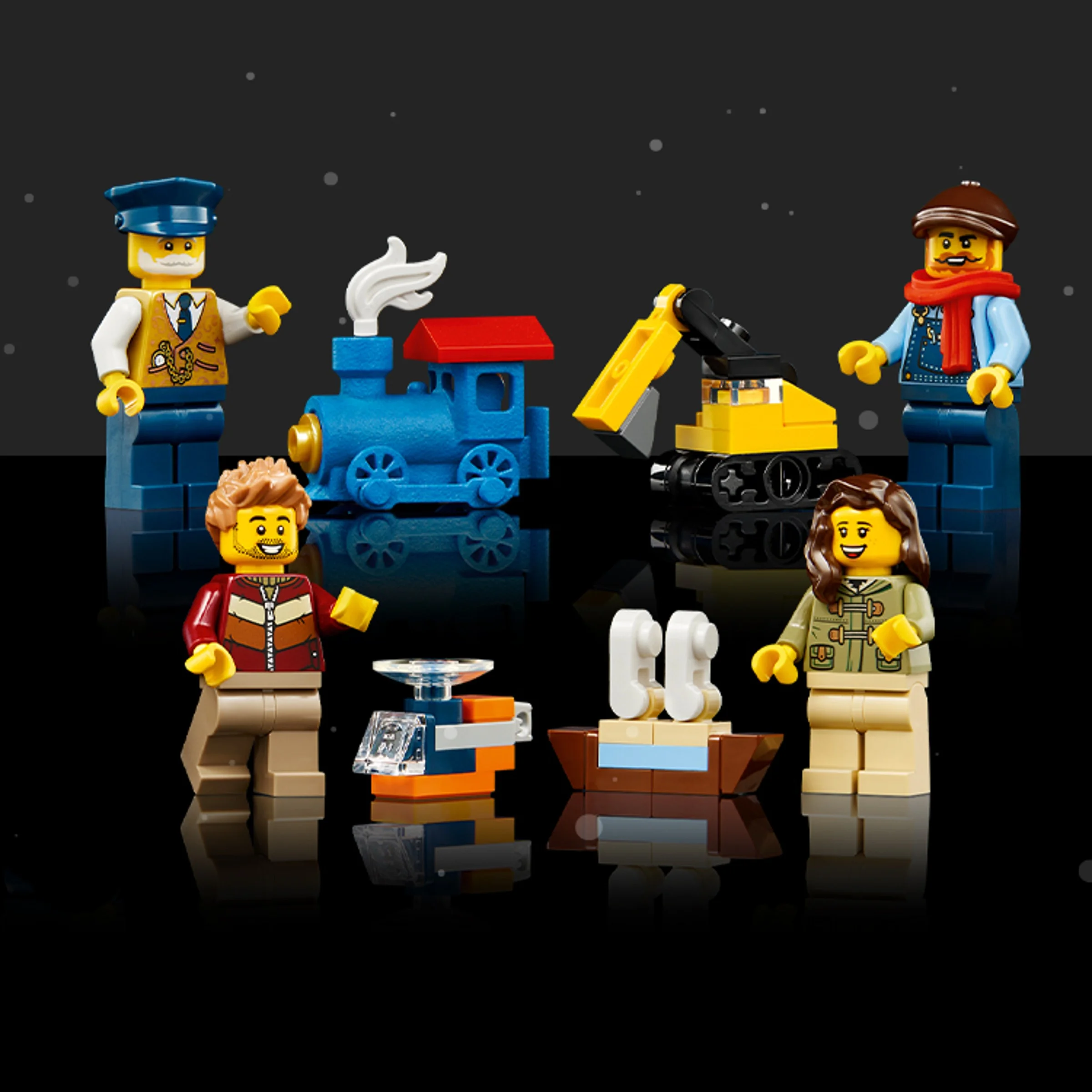 Prezentare detaliată a minifigurinelor și a mini-construcțiilor din setul Holiday Express Train.