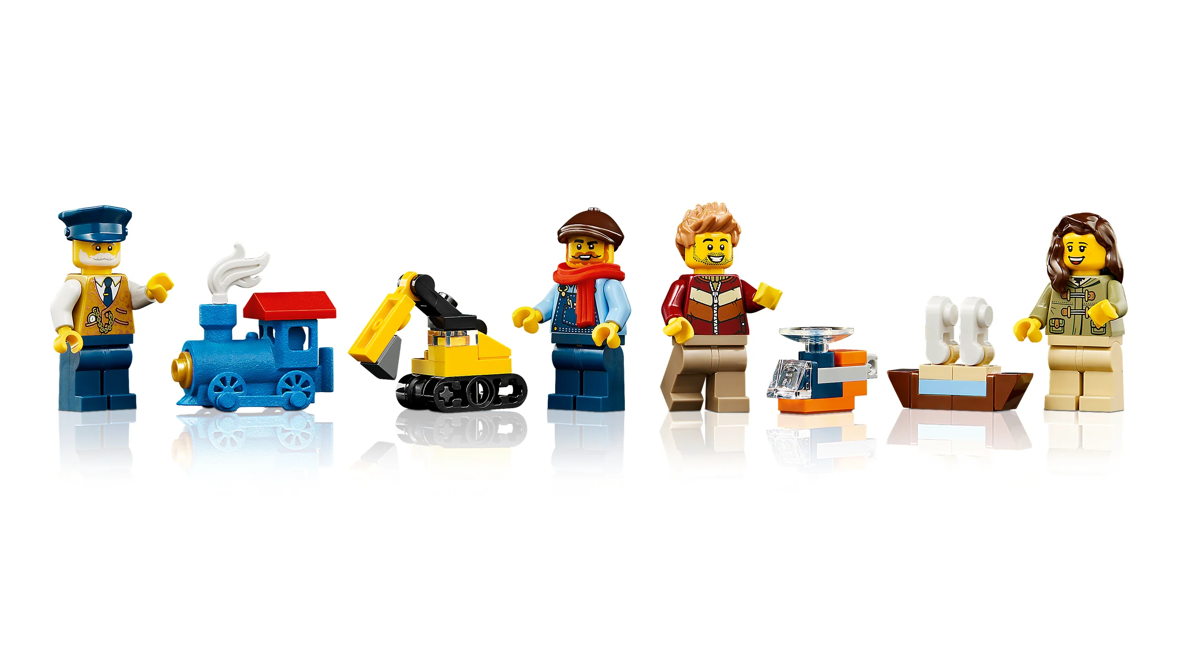 Prezentare minifigurine și accesorii trenuleț Holiday Express. Un cadru vesel, ideal pentru fanii LEGO.