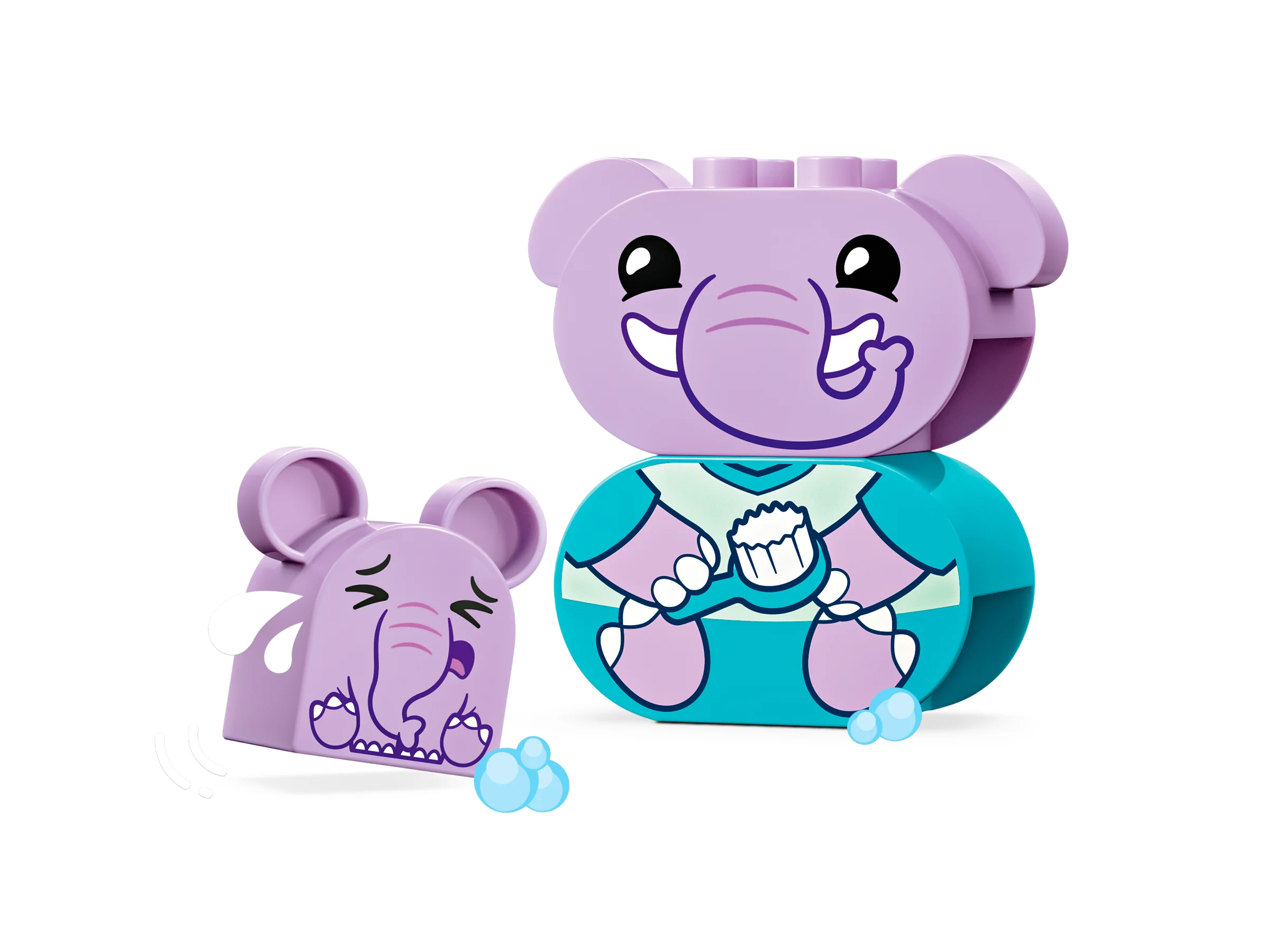 Două figurine elefant Duplo: una zâmbitoare cu o periuță de dinți, și una care plânge cu baloane.