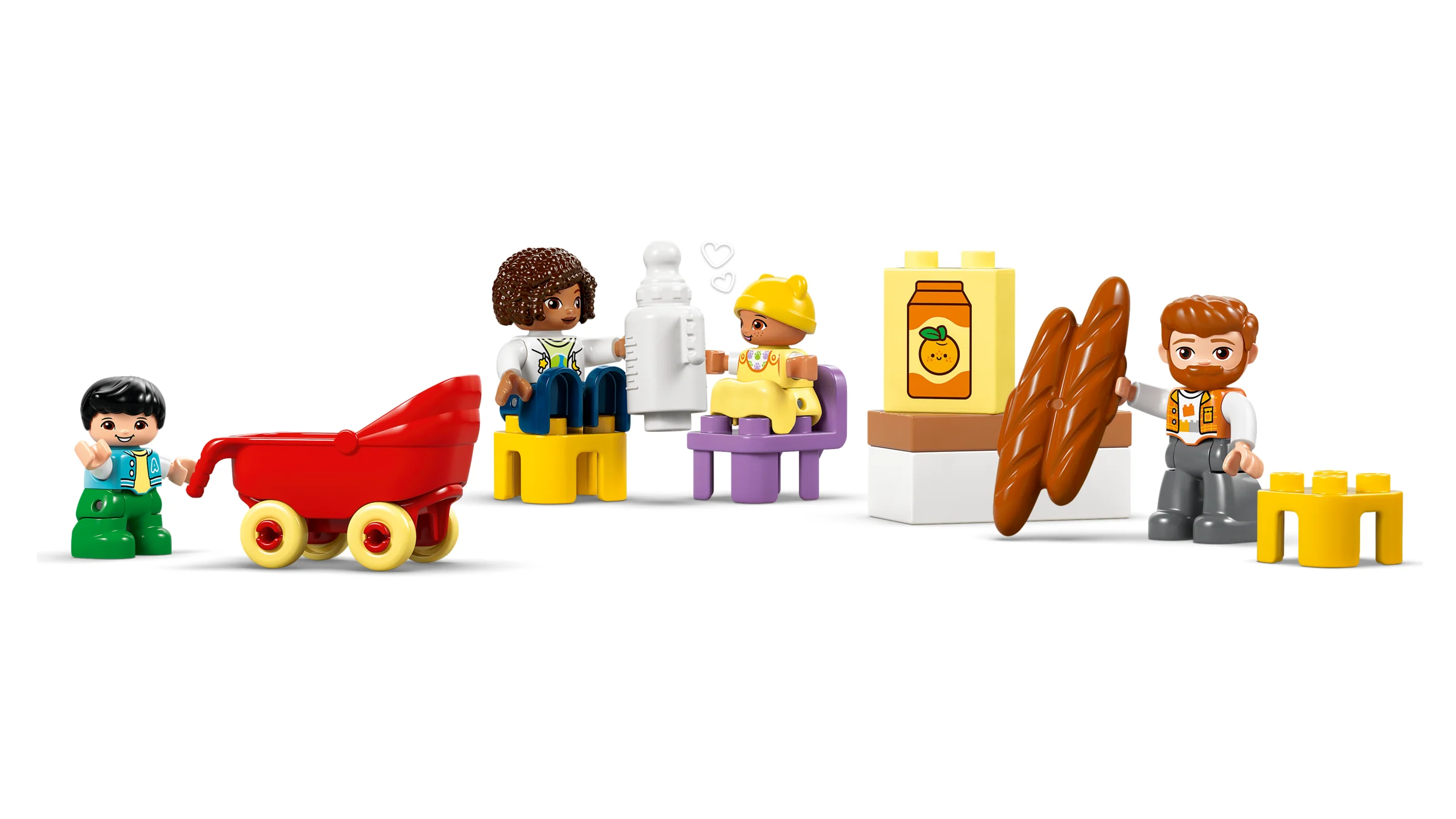 Imagine cu minifigurine Duplo ale unei familii moderne și accesorii, jucându-se în casă.