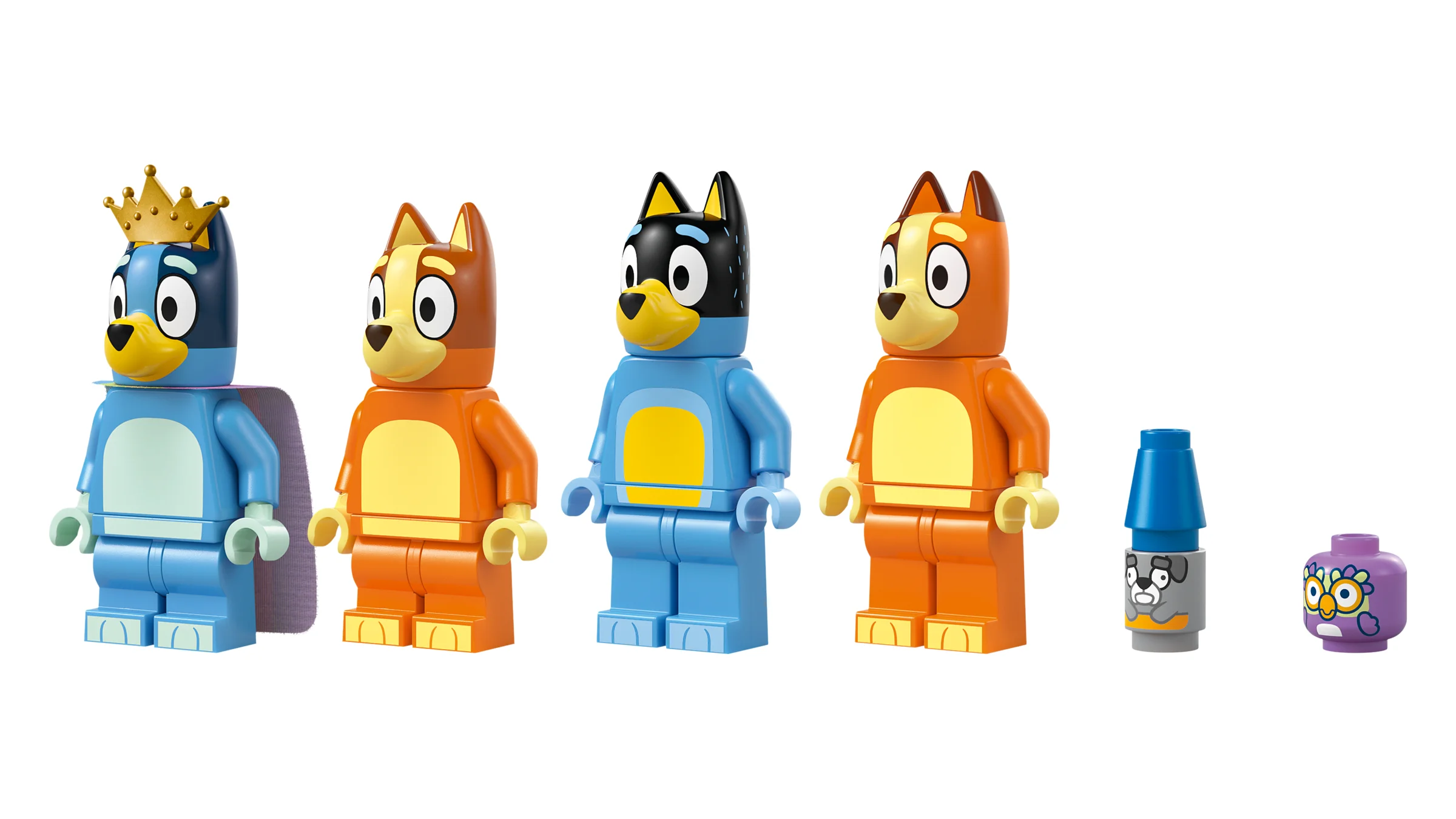 Prezentare minifigurine Bluey, Bingo, Bandit și alte elemente mici.