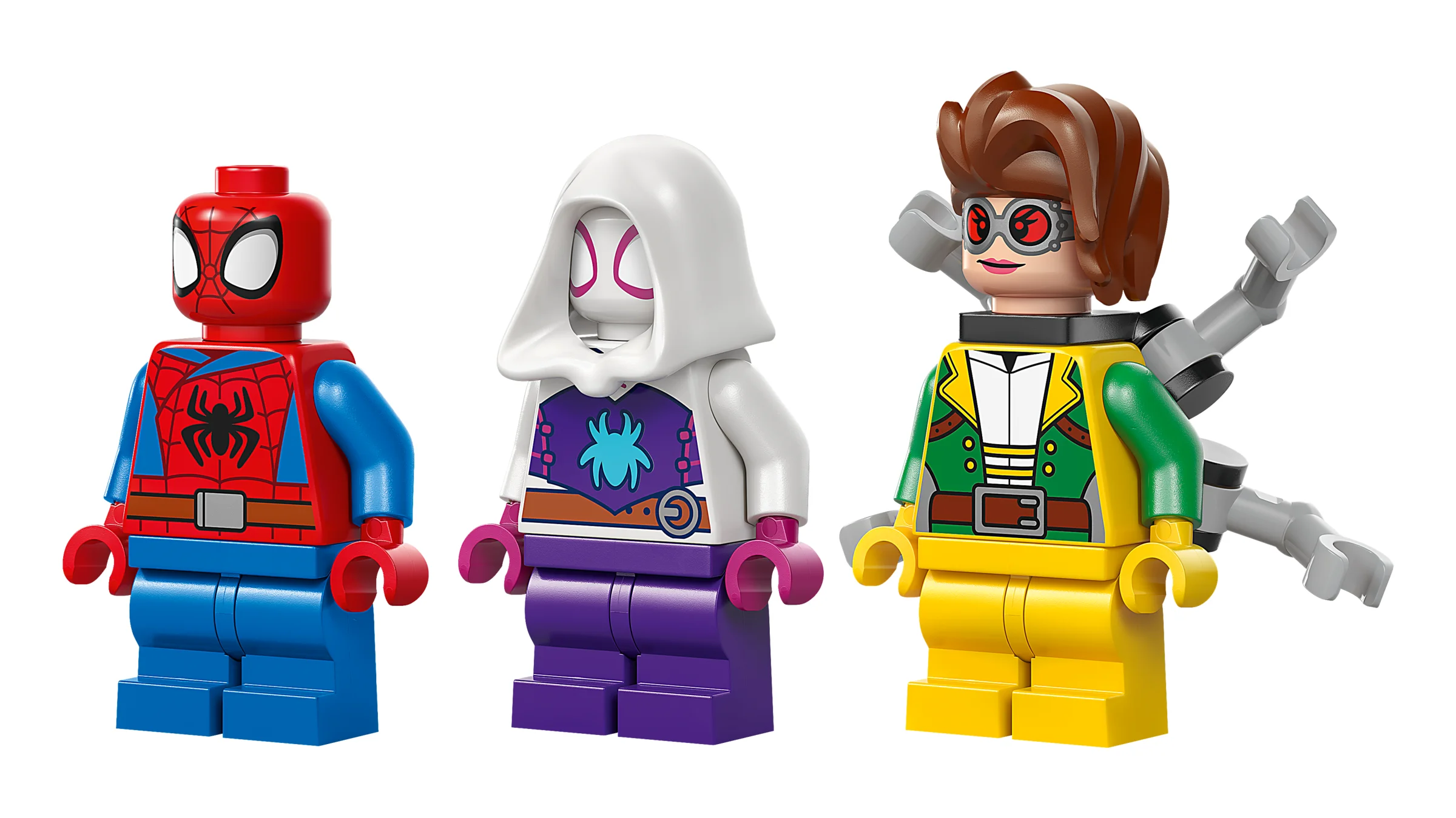 Imagine cu cele trei minifigurine din set: Spiderman, Spider-Gwen și Doc Ock.