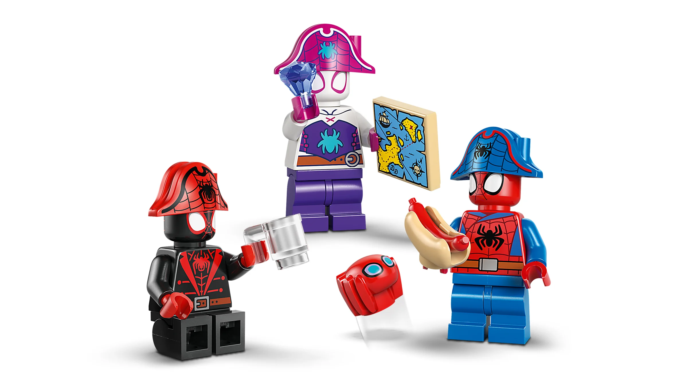 Imagine cu minifigurinele Spidey îmbrăcate în pirați, cu accesorii și detalii. O prezentare detaliată a personajelor.