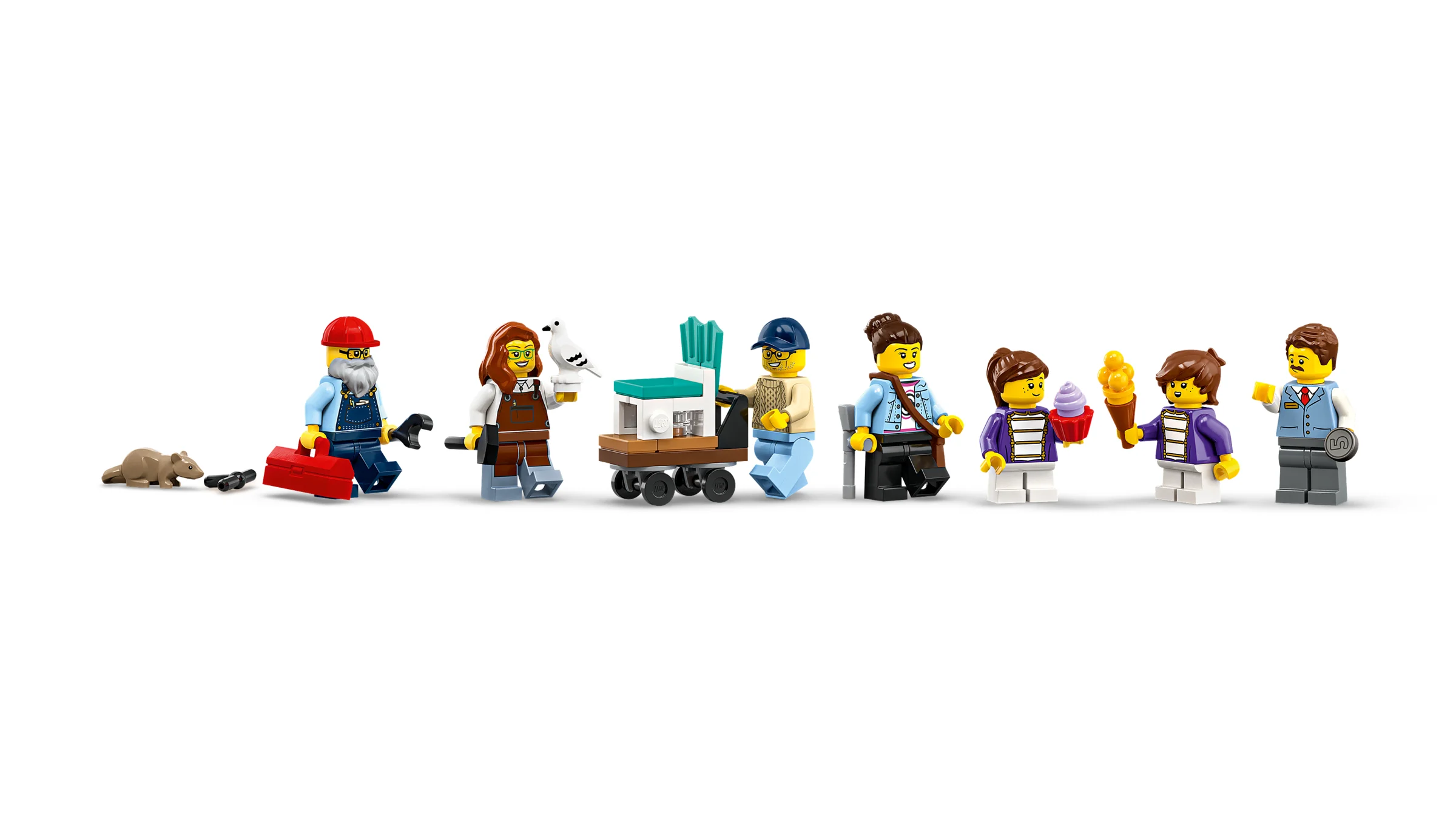 Prezentare minifigurine setul 11371: muncitor, pictor, vânzător de înghețată, clienți, casier.