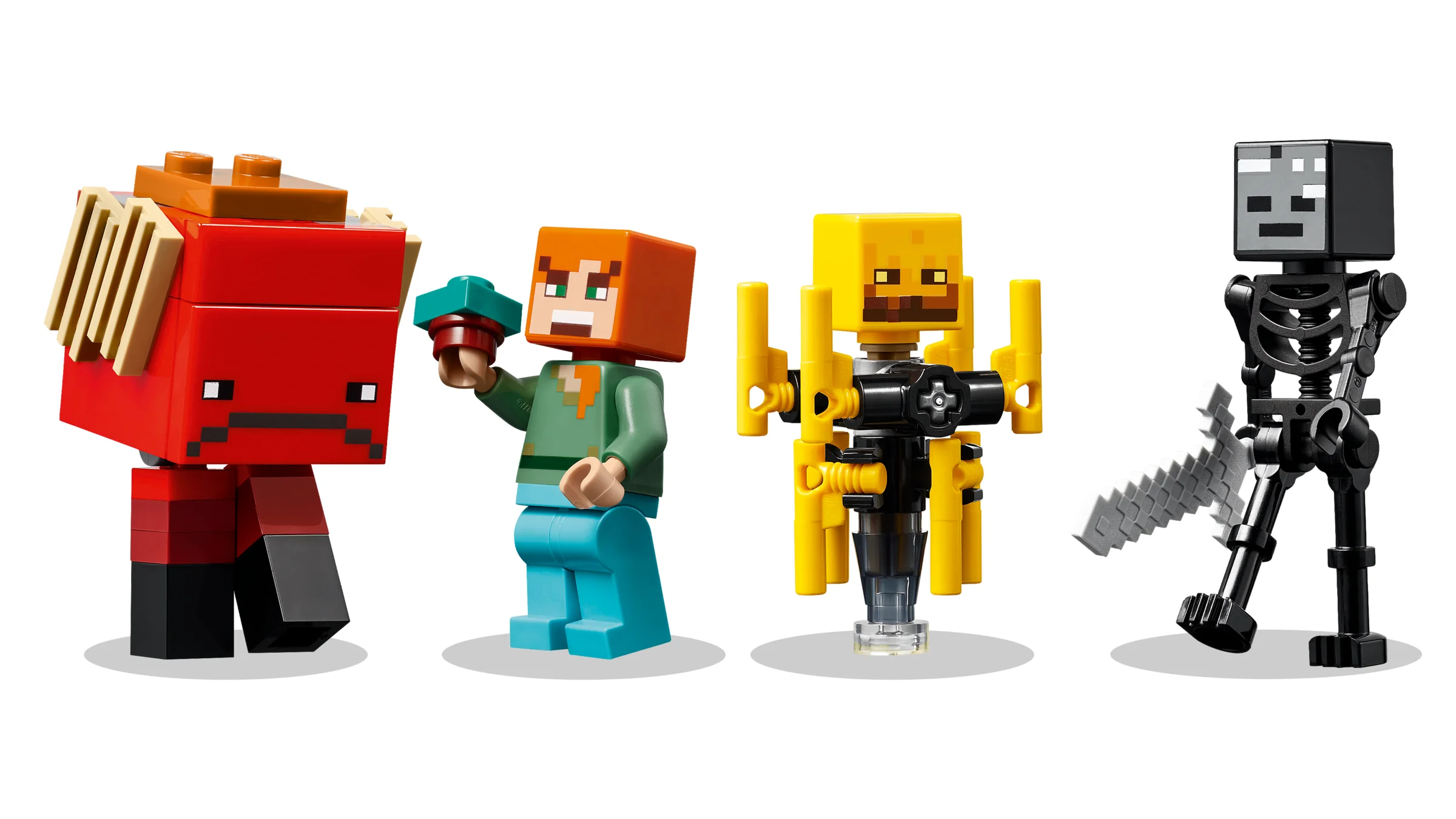 Prezentare minifigurine LEGO Minecraft 21266: Hoglin, Alex, Blaze și Scheletul Wither.