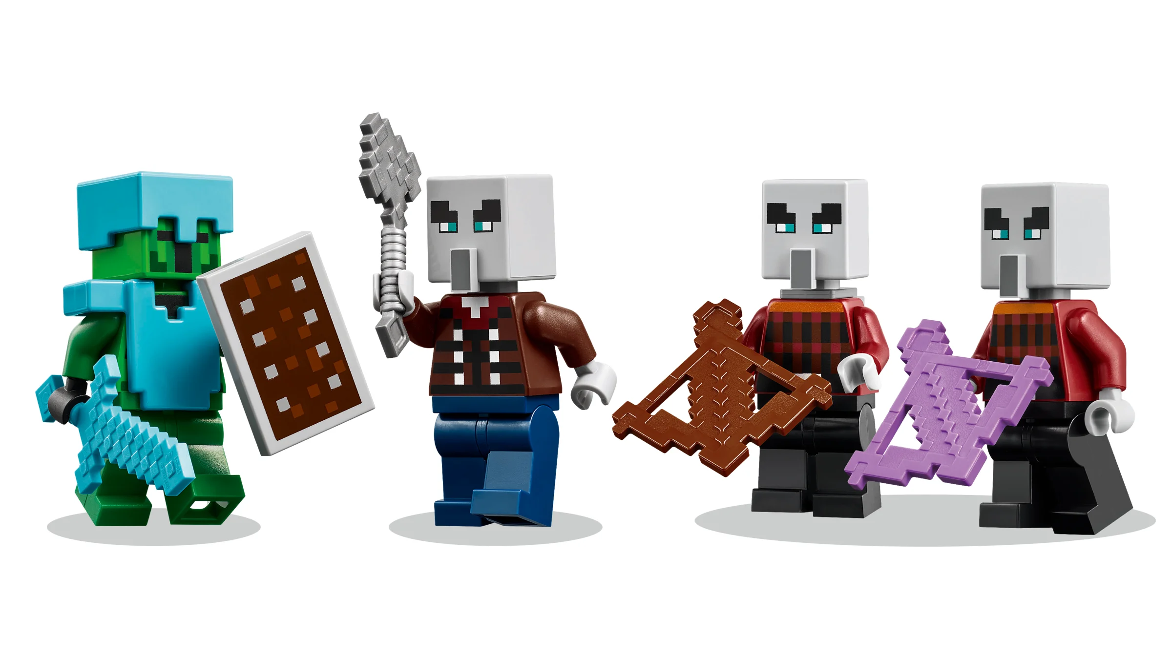 Prezentare minifigurine LEGO Minecraft: un Gardian înecat și trei Scheletri. Figurine detaliate și arme.
