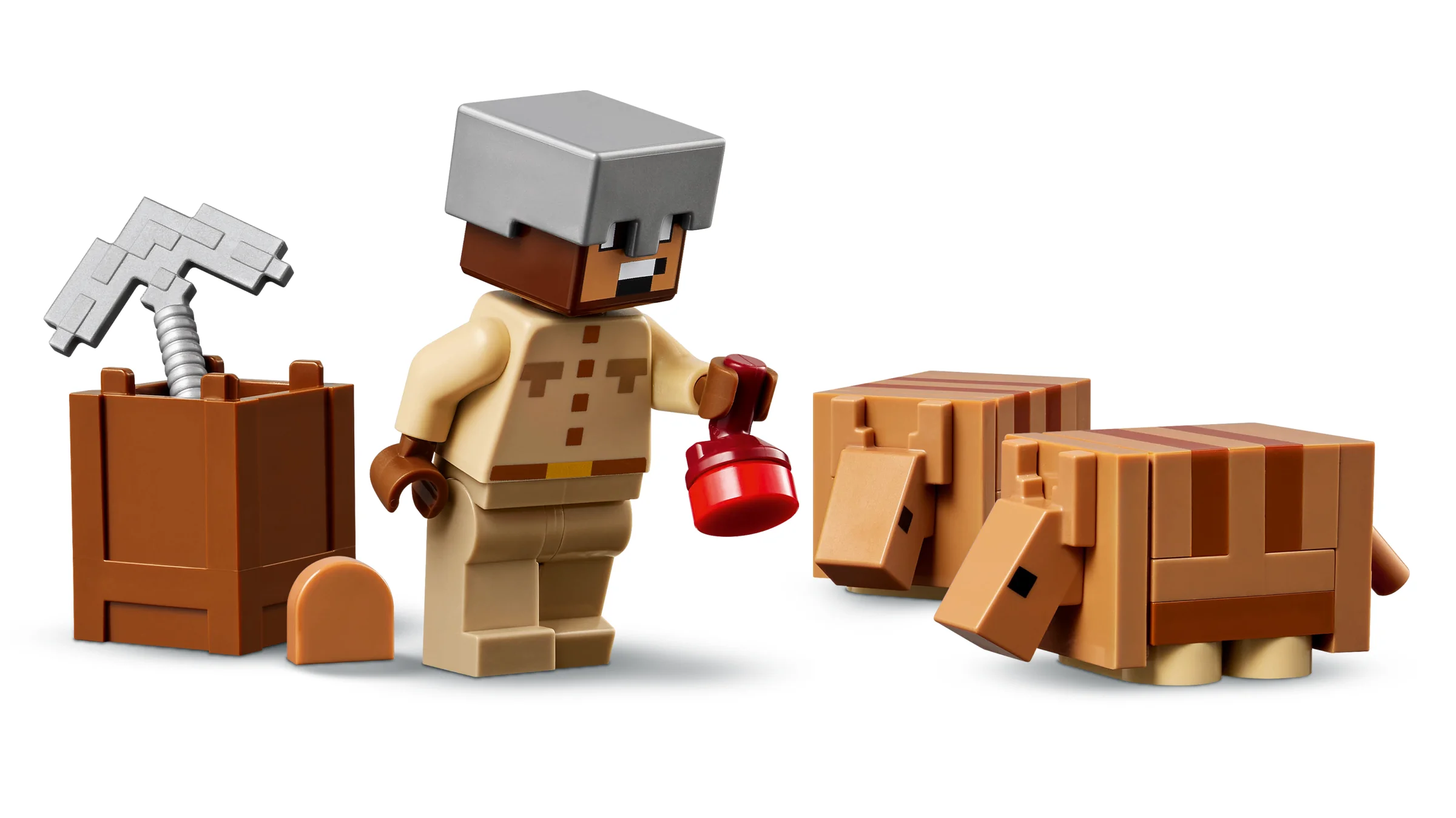 Imagine cu minifigurina Minecraft explorator și doi armadili, plus unelte miniere.