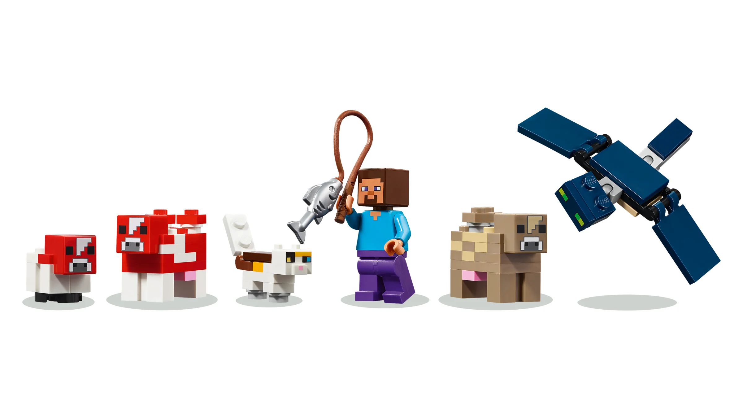 Personaje LEGO Minecraft: mooshroom, pisică, Steve pescuind, câine și Axolotl.