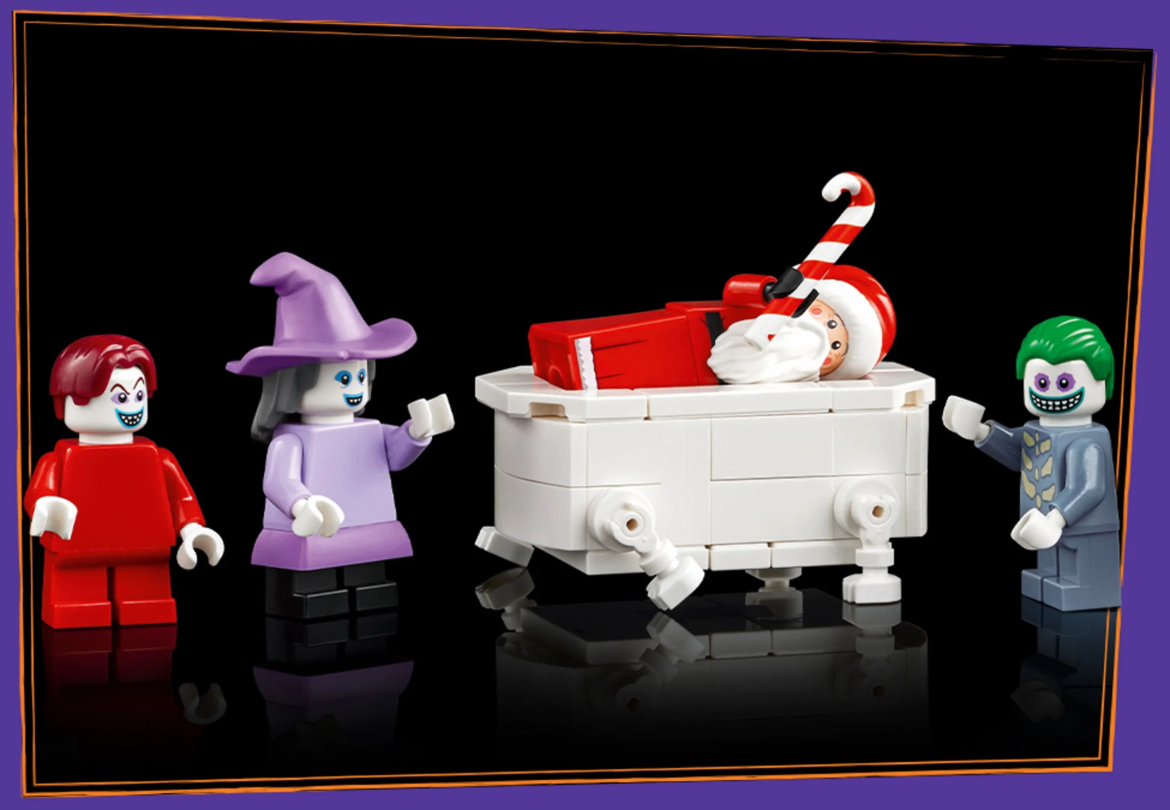 Imagine cu minifigurinele Lock, Shock, Barrel și Santa Claus din Nightmare Before Christmas.